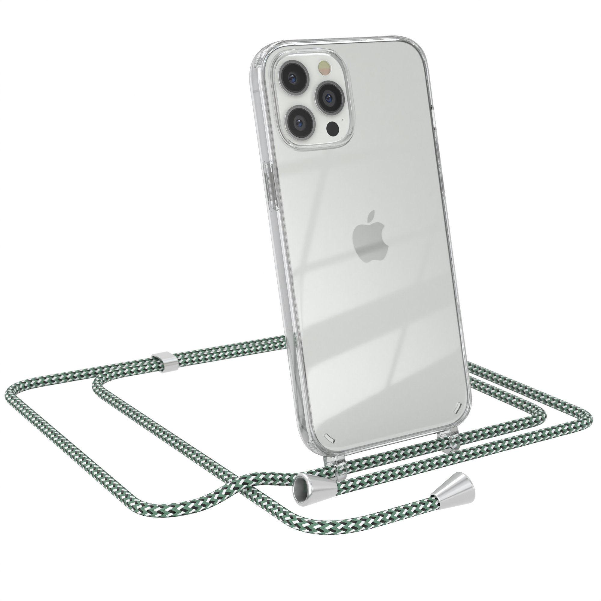 iPhone mit transparenter Hülle und grün/cremefarbenem Riemen. Apple-Logo sichtbar.
