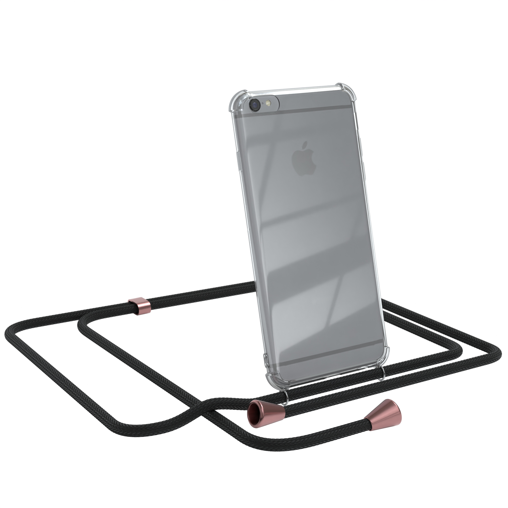 Transparente iPhone-Hülle mit Band. Apple-Logo sichtbar. Der Riemen hat roségoldfarbene Akzente.