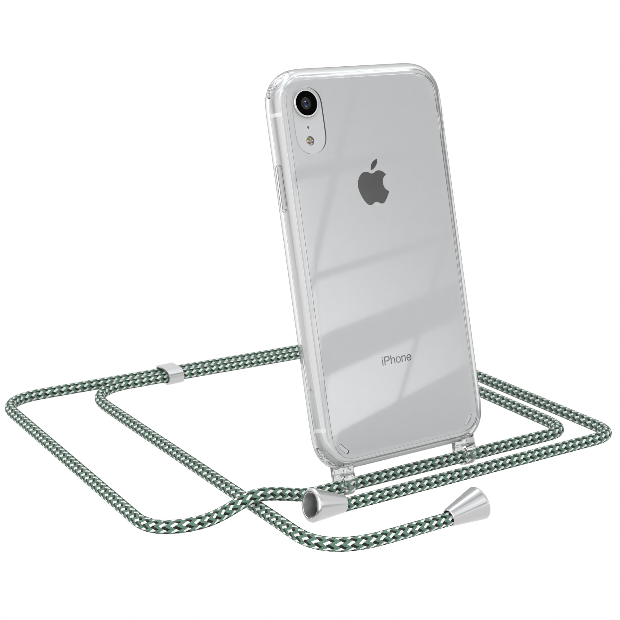 Transparente Handyhülle mit grünem Camo-Seil und silbernen Akzenten. Apple iPhone XR.