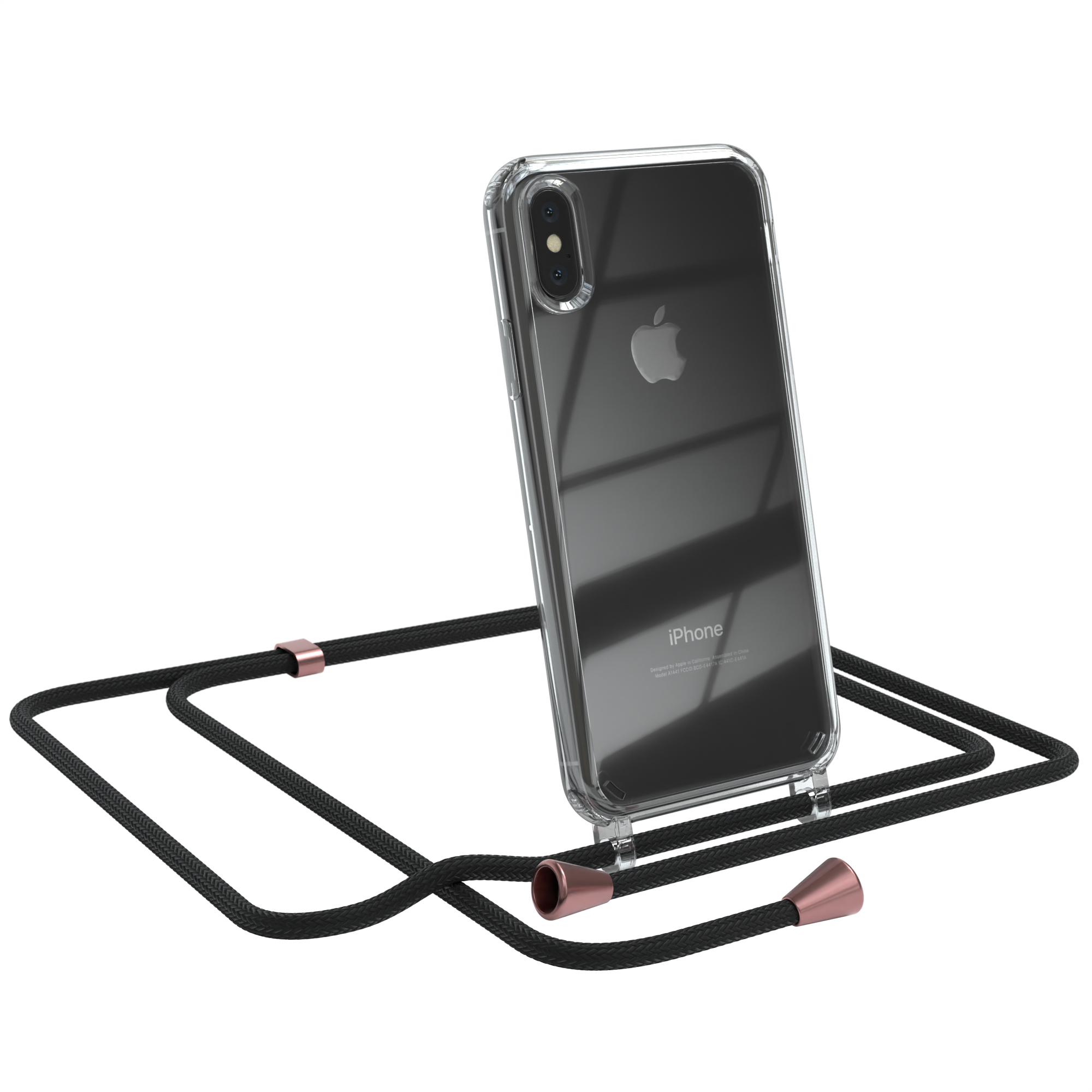 Transparente Handyhülle mit schwarzem Lanyard, roségoldenen Akzenten und iPhone.