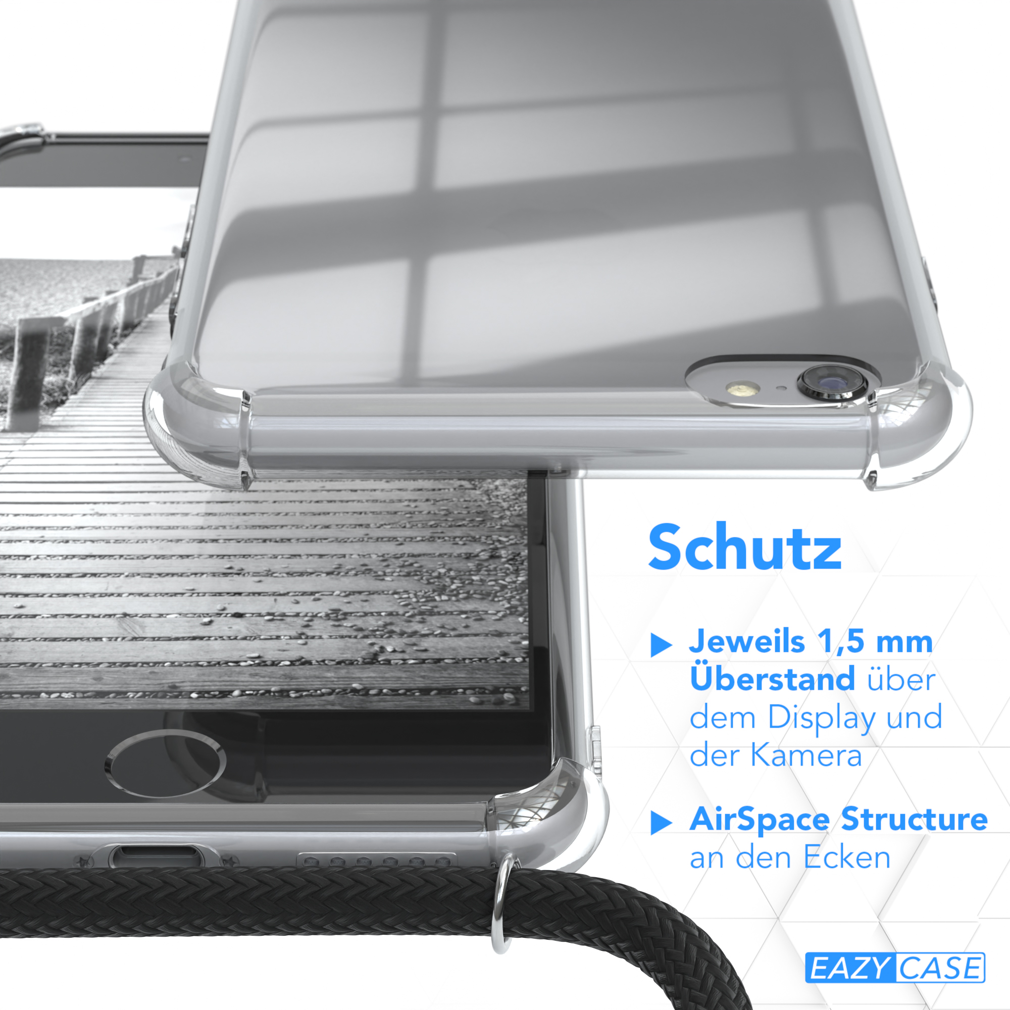 Klare Handyhülle, schwarzes Kabel, Nahaufnahme. Grauer Hintergrund. Text: Schutz.
