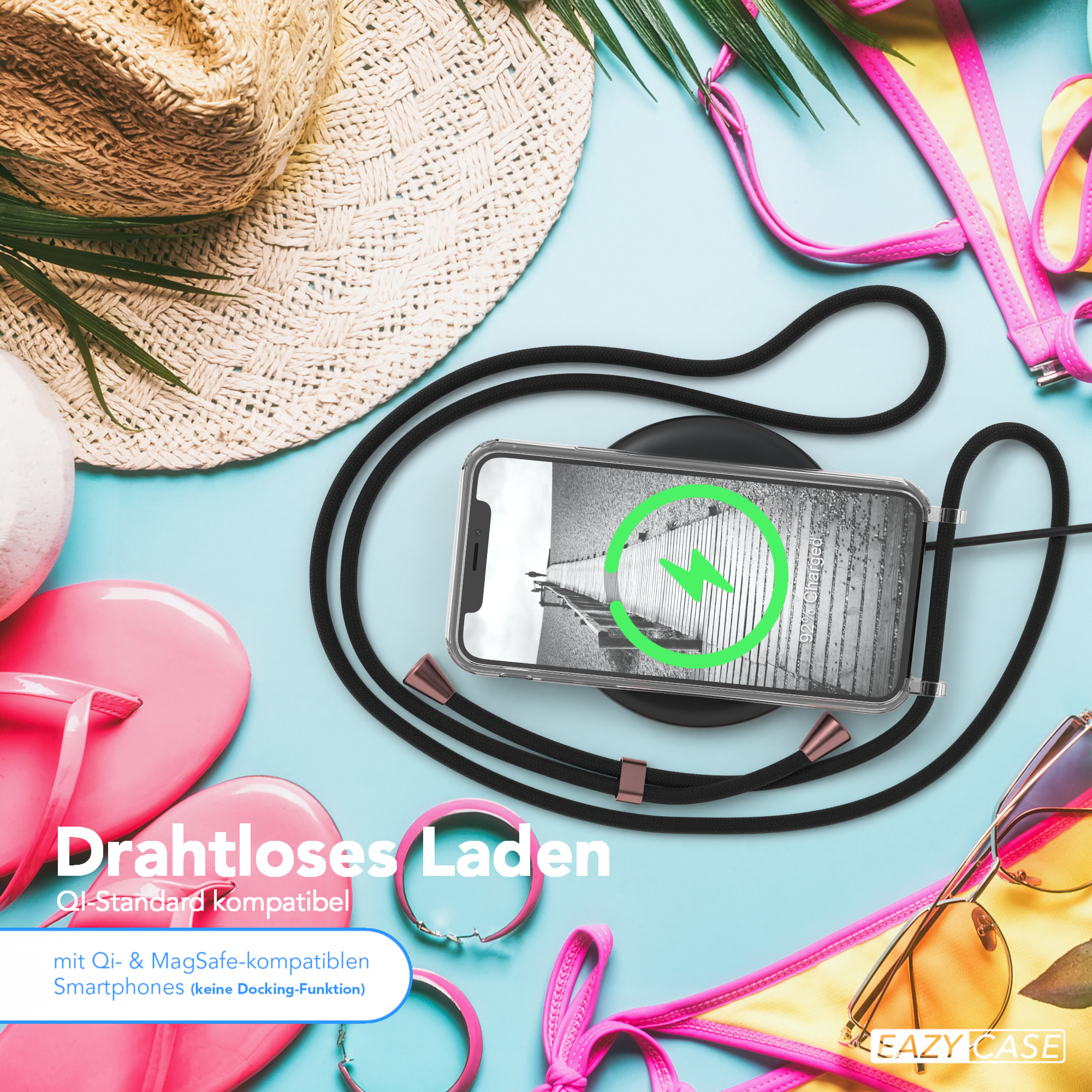 Telefon auf kabellosem Ladegerät. Inklusive pinkfarbener Flip-Flops, Sonnenbrille und Kordel.