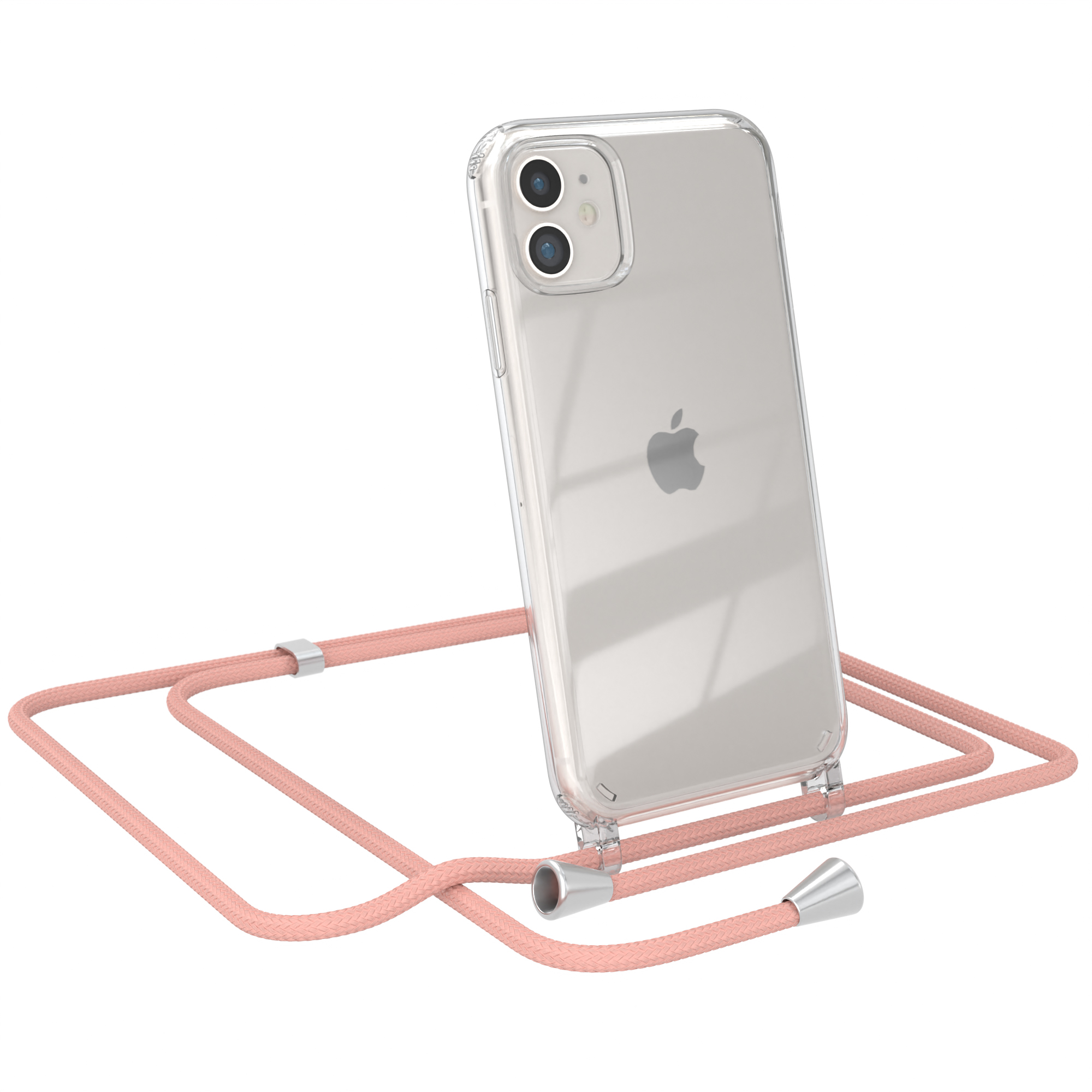 Telefon in klarer Hülle mit pinkfarbenem Umhängeband. Apple-Logo sichtbar.