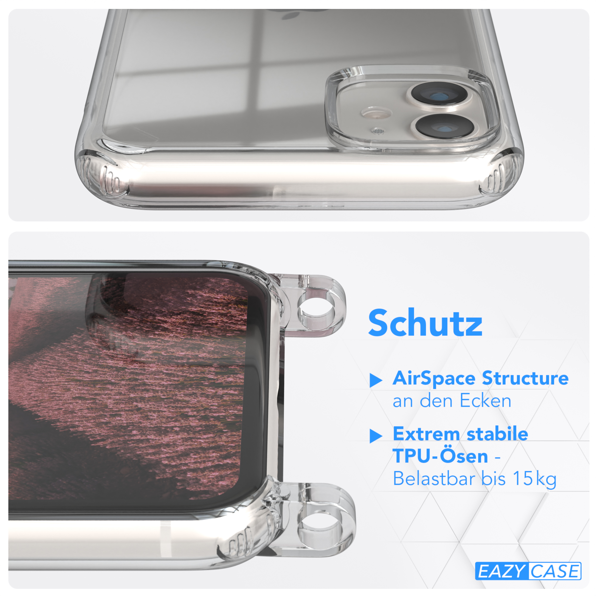 Transparente Handyhülle. Text erwähnt 'AirSpace Structure' und 'TPU-Ösen'.