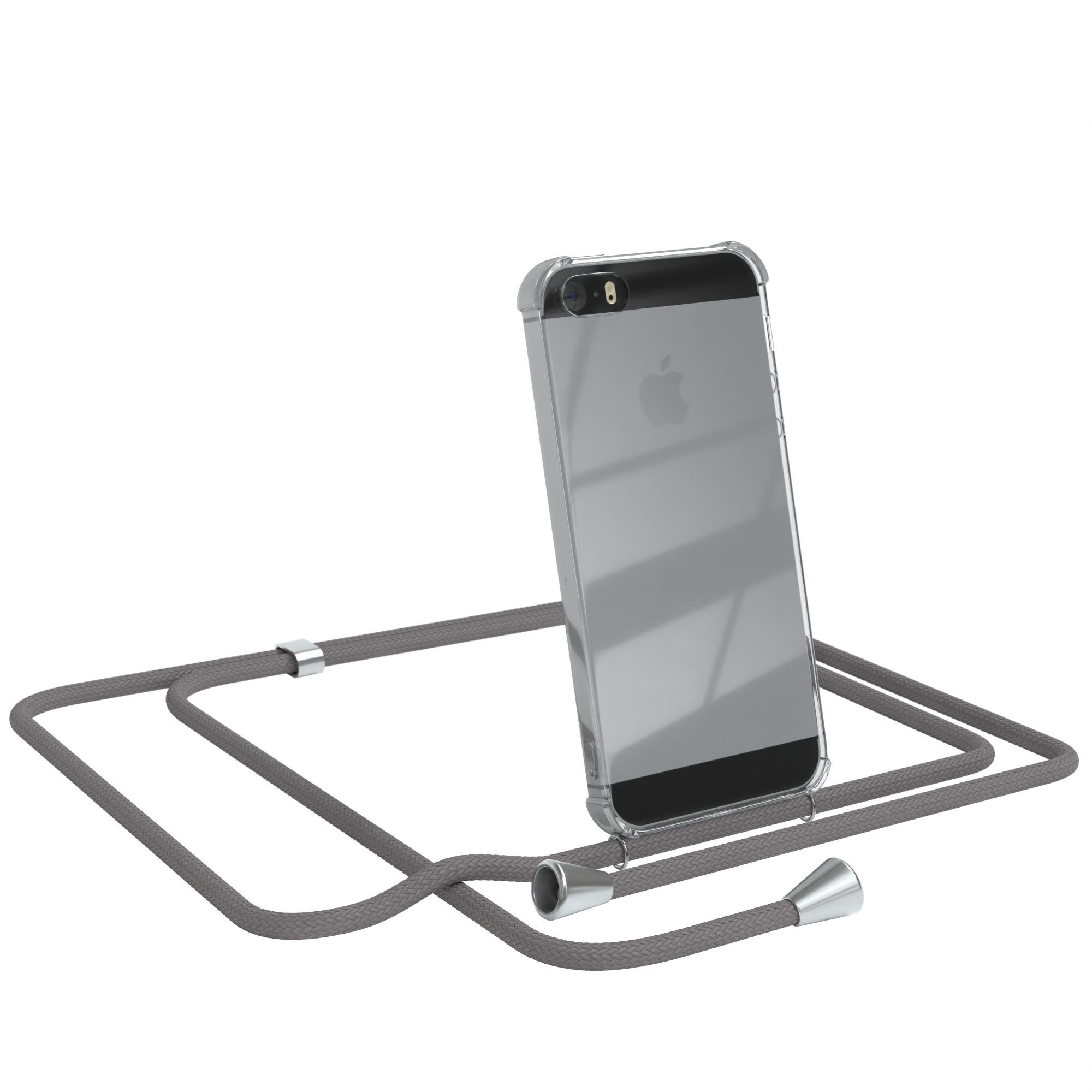 Transparente Handyhülle mit grauem Umhängeband. Apple-Logo sichtbar. Weißer Hintergrund.