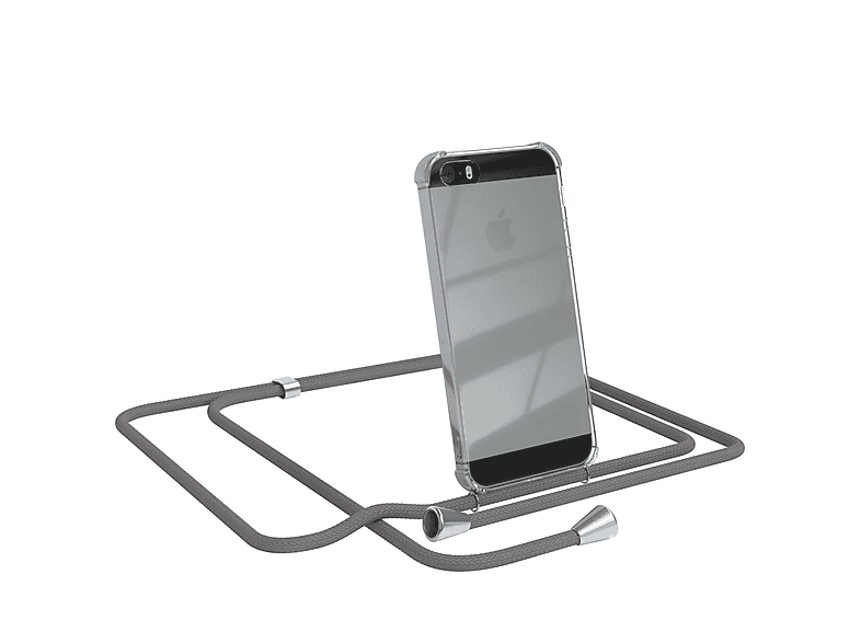 EAZY CASE Clear Cover mit Grau Clips Umhängetasche, 5S, / Silber Umhängeband, iPhone Apple, iPhone SE 5 / 2016
