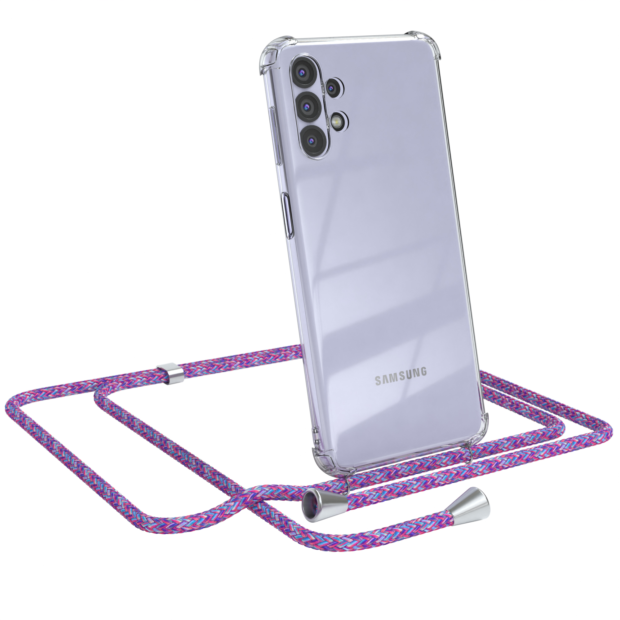 Eine transparente Handyhülle mit lila und blauem Umhängeband. Samsung-Telefon ist drin.