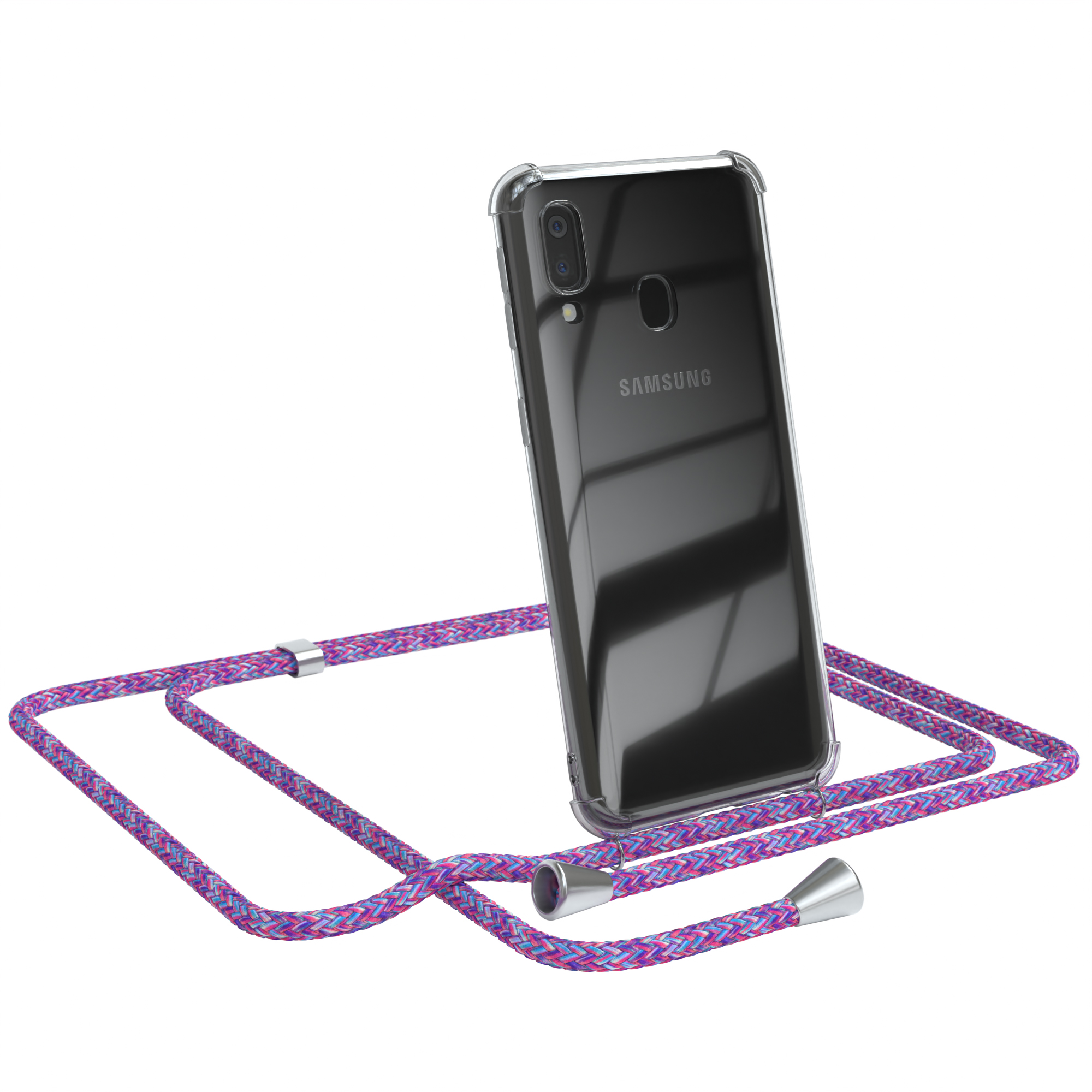 Transparente Handyhülle mit pinkfarbenem Band und Smartphone mit Kamera.