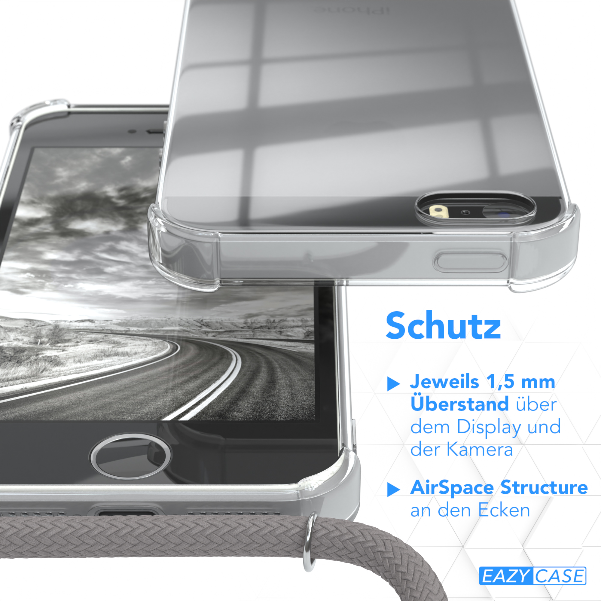 Zwei transparente Handyhüllen mit grauem Kordeldetail. Der Text im Bild lautet Schutz.