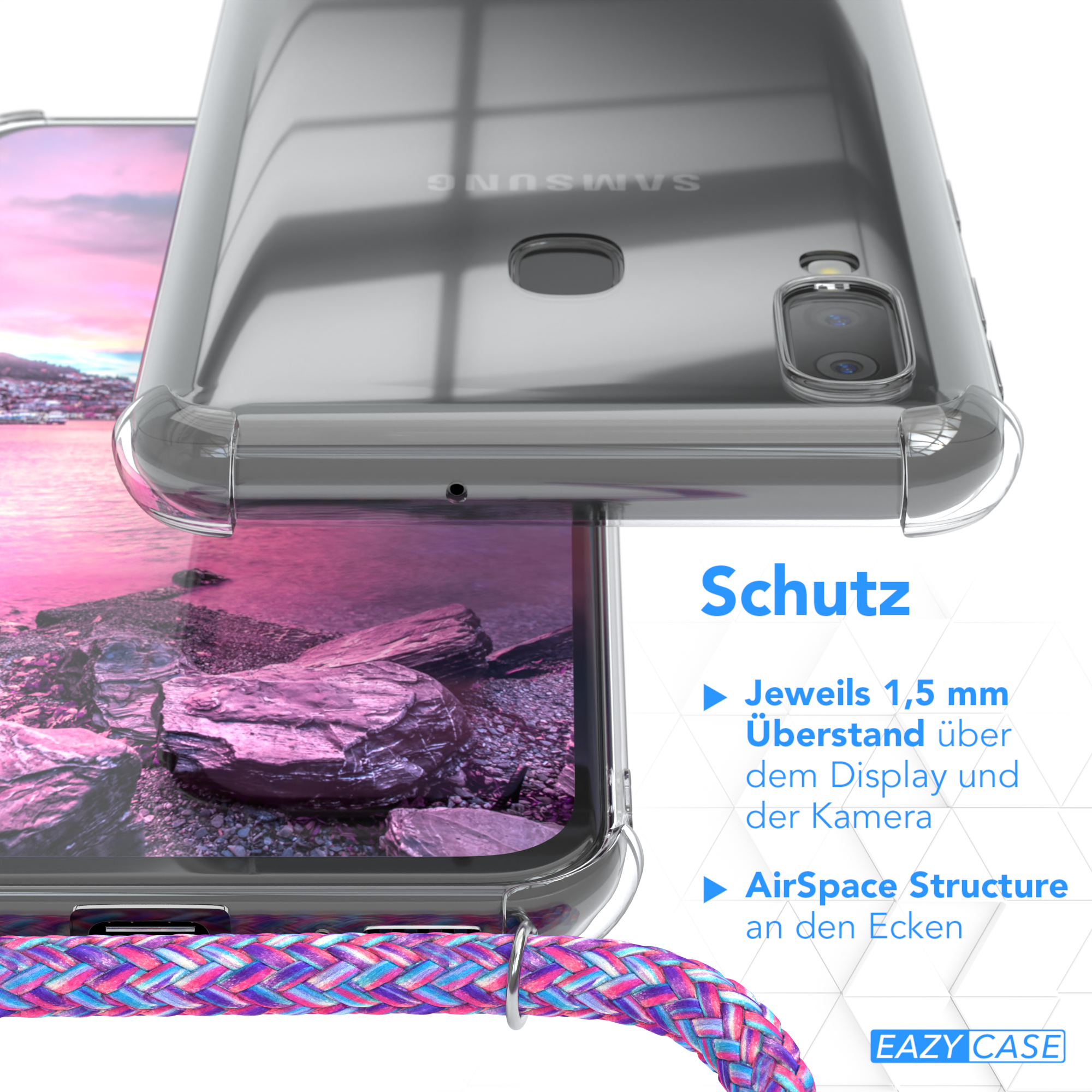 Klare Handyhülle auf einem Telefon. Text: Schutz, 1,5 mm über dem Display, AirSpace-Struktur.