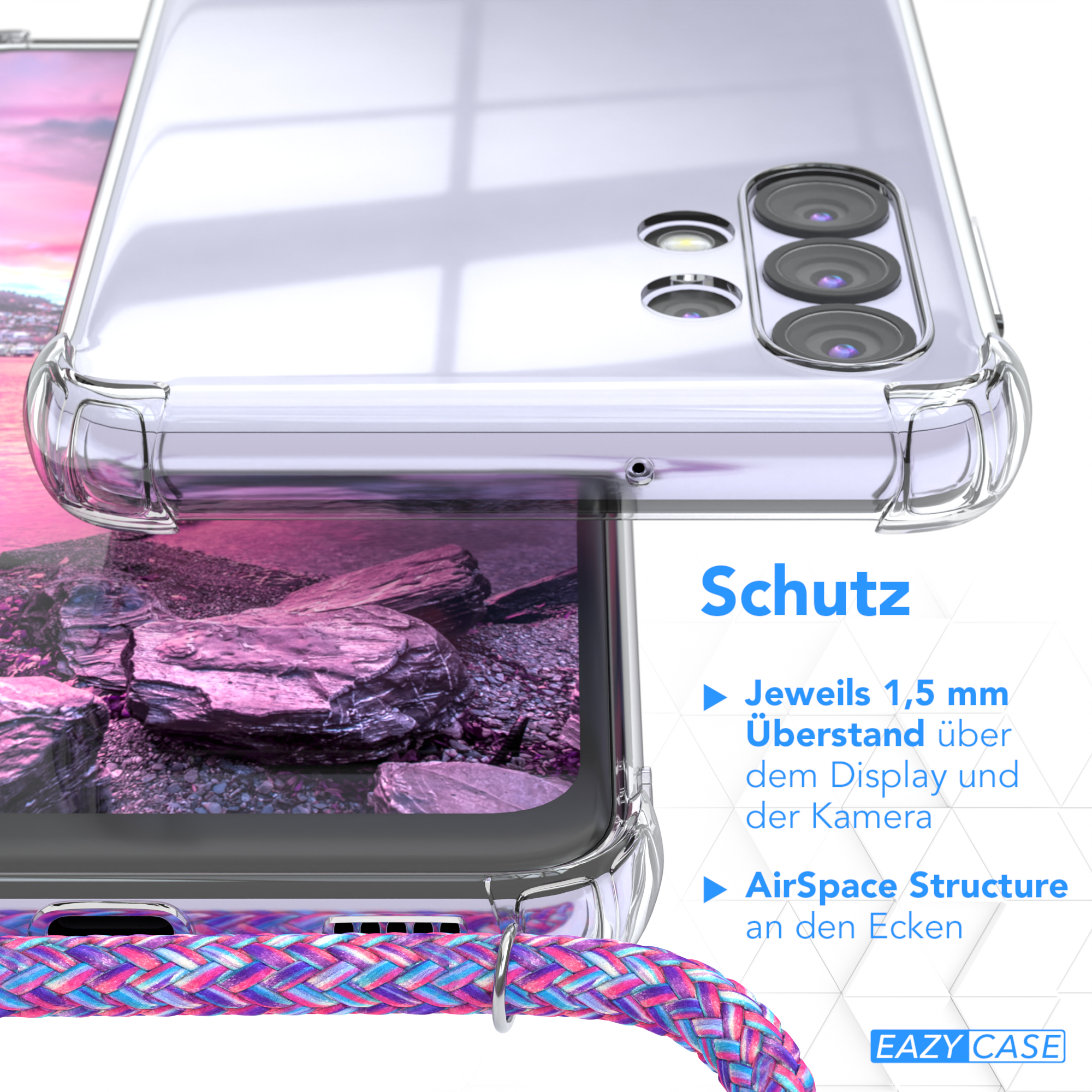 Nahaufnahme einer Handyhülle mit farbenfrohem Kordel, Details zeigend.