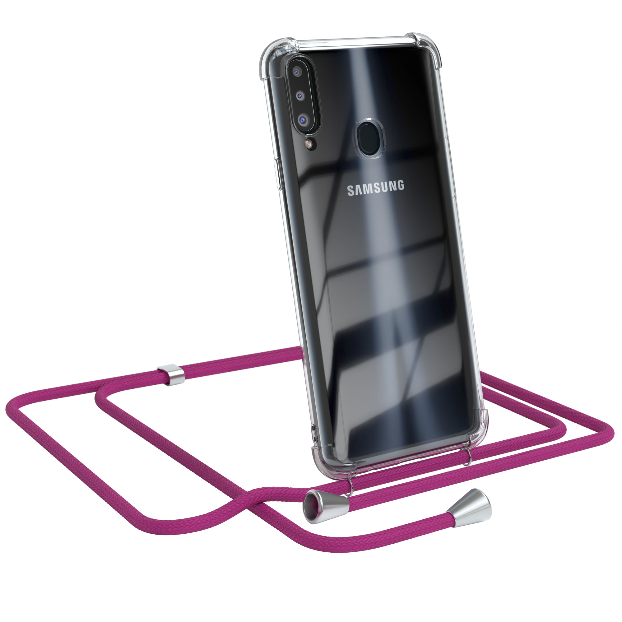 Transparente Handyhülle mit einem Samsung-Telefon und pinkfarbenem Umhängeband. Telefon im Case.