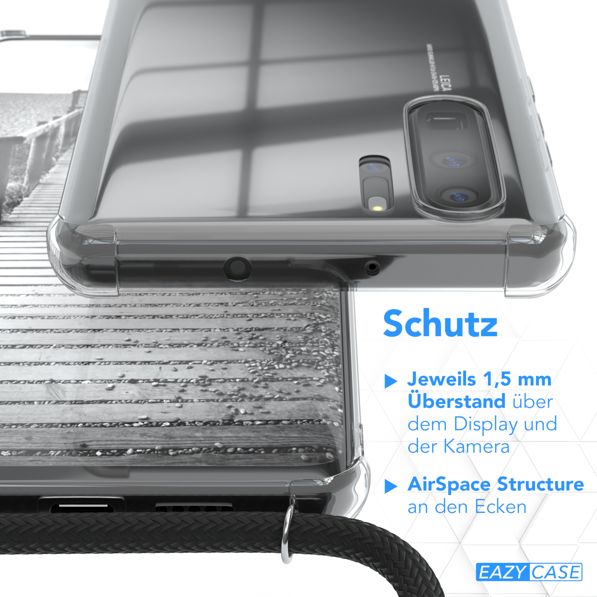 Transparente Handyhülle Nahaufnahme, Text: Schutz. 1,5 mm über Display. AirSpace Structure.