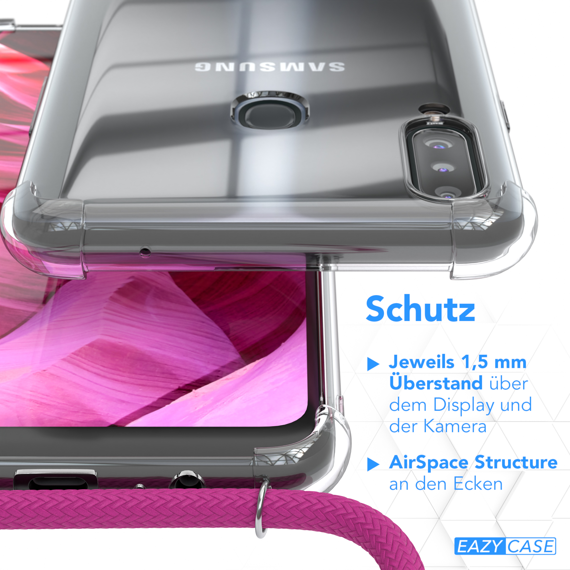 Nahaufnahme einer durchsichtigen Handyhülle mit rosa Riemen. Text auf der rechten Seite.