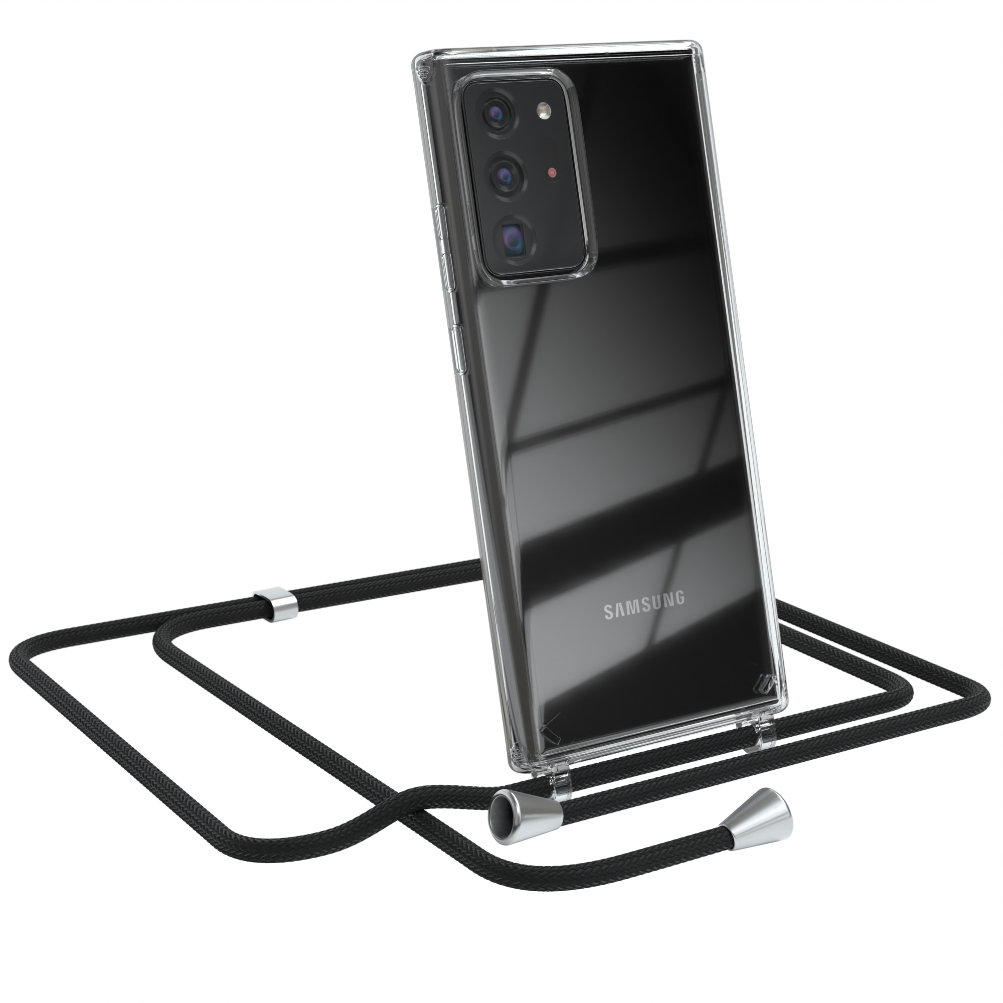 Telefon in transparenter Hülle mit schwarzem Umhängeband. Samsung-Logo sichtbar.