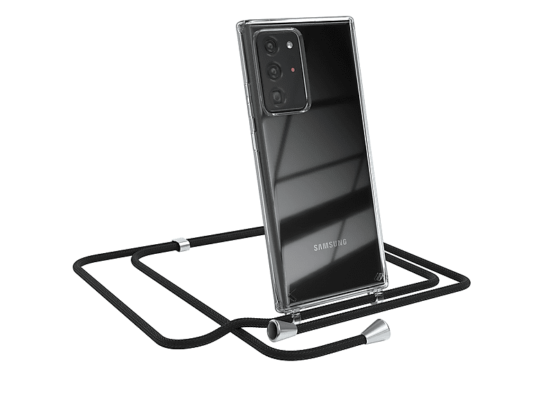 EAZY CASE Clear Cover mit Umhängeband, Umhängetasche, Samsung, Galaxy Note 20 Ultra / Note 20 Ultra 5G, Schwarz / Clips Silber
