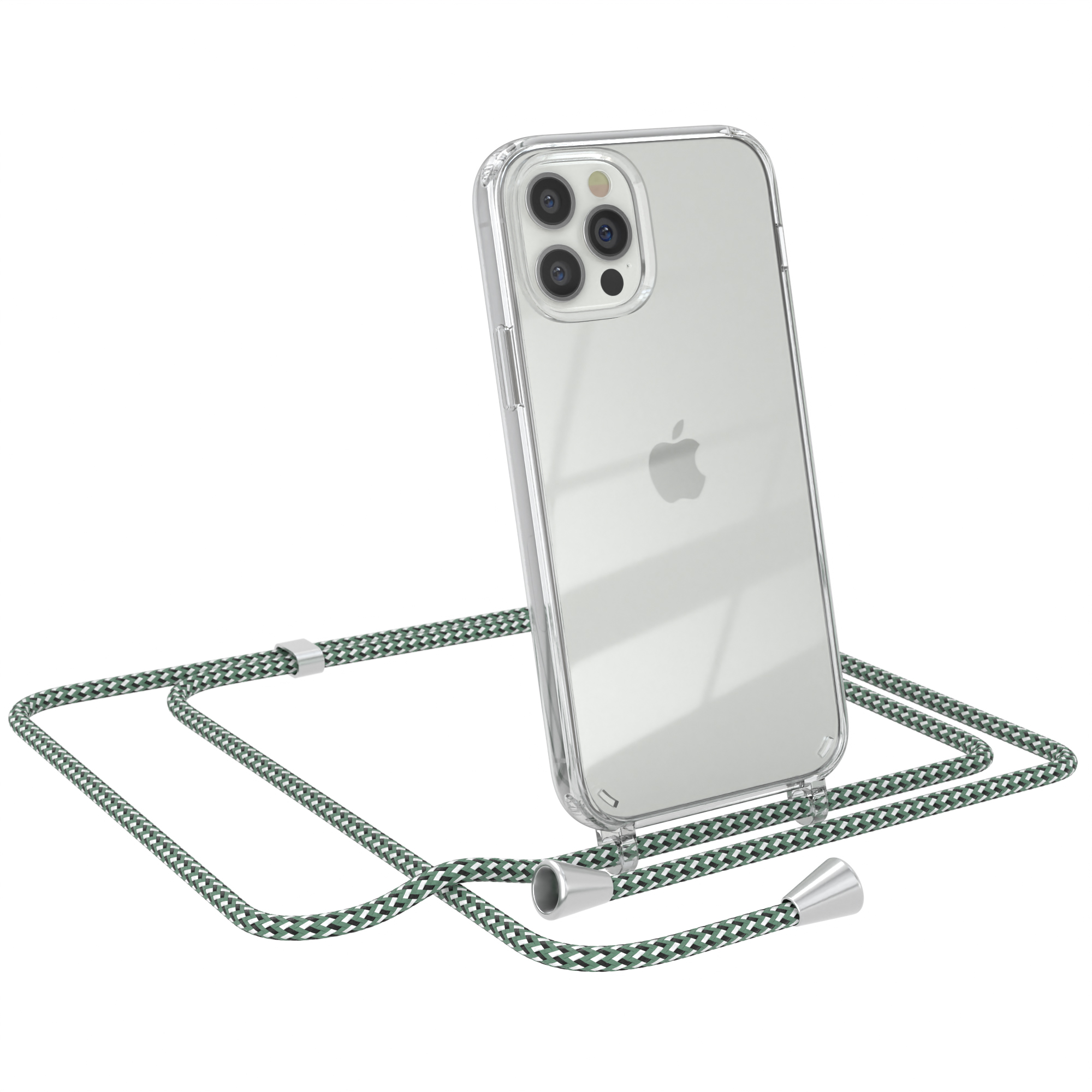 Transparente Handyhülle mit grün-weißem Band. Apple-Logo sichtbar. Weißer Hintergrund.