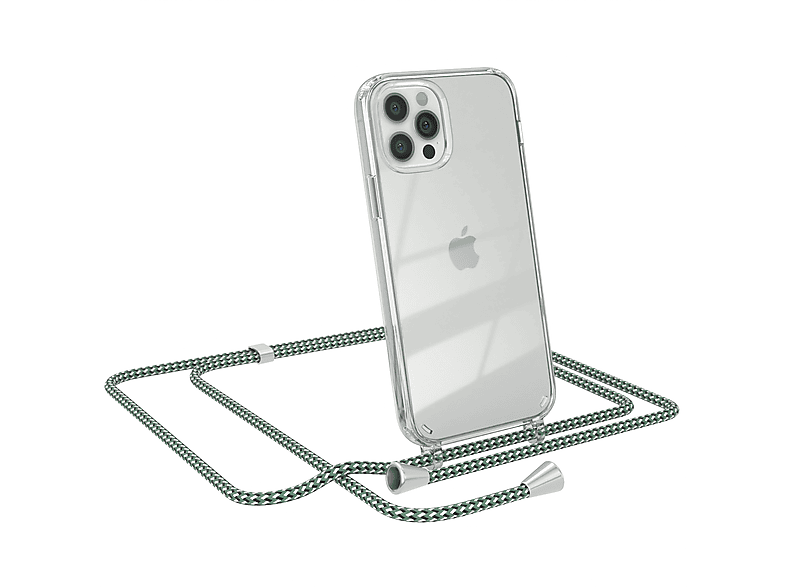 EAZY CASE Clear Cover mit Umhängeband, Umhängetasche, Apple, iPhone 12 / 12 Pro, Grün Weiß