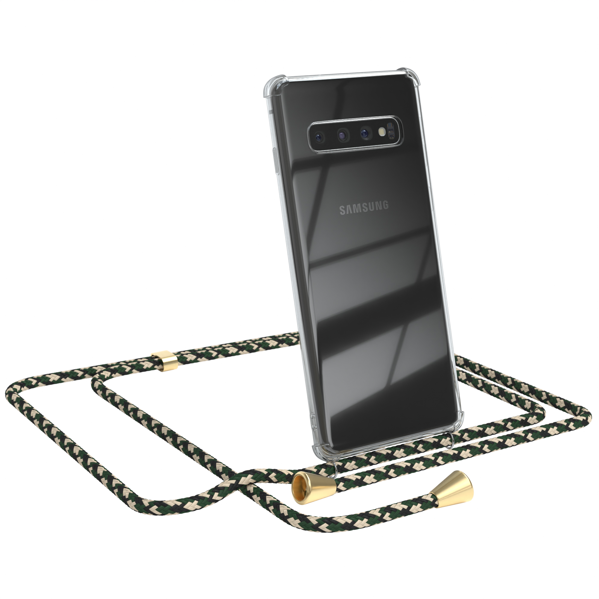 Transparente Handyhülle mit grün-beigem Band. Ein Samsung-Telefon ist darin. Goldakzente an den Enden.