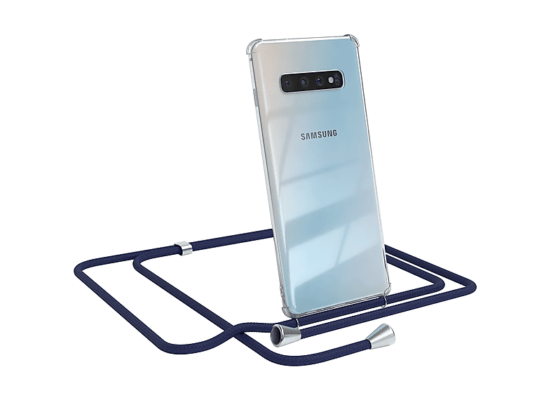 EAZY CASE Clear Cover mit Umhängeband, Umhängetasche, Samsung, Galaxy S10 Plus, Blau / Clips Silber