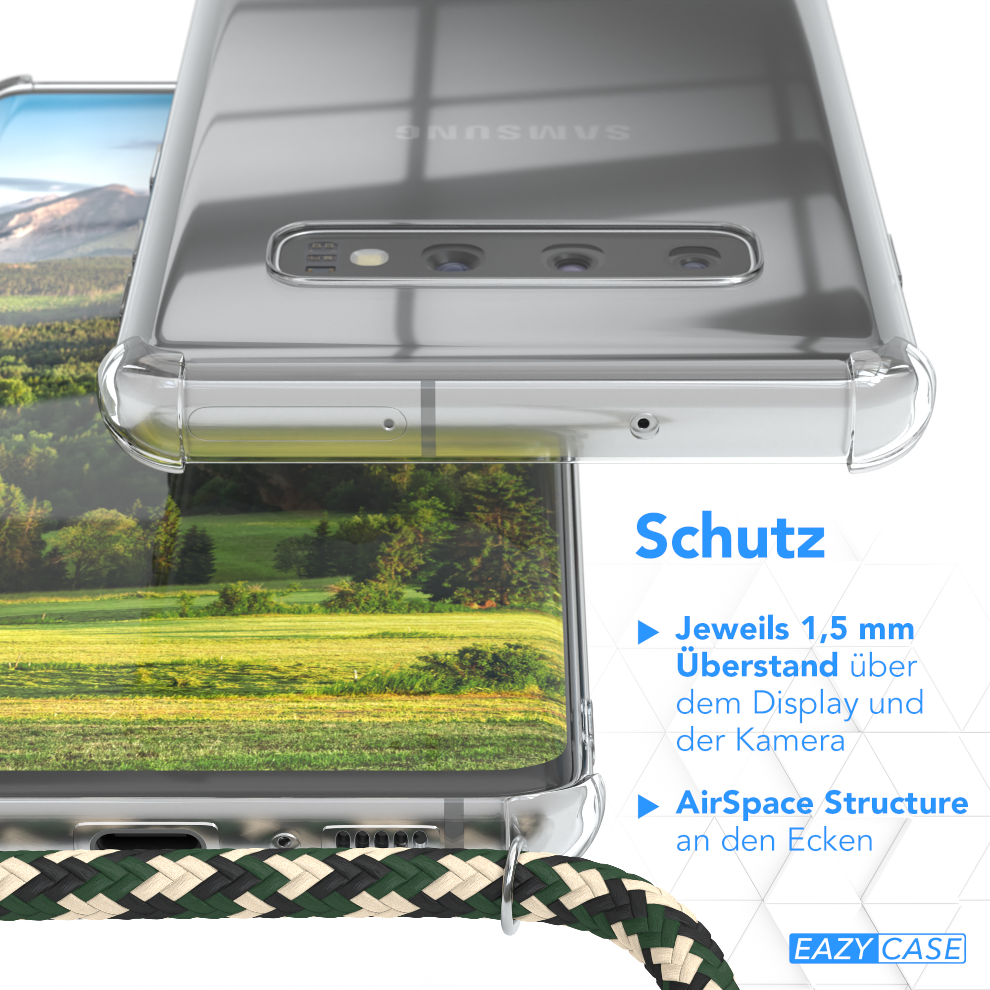 Nahaufnahme einer Handyhülle mit Text, der Schutzfunktionen beschreibt.