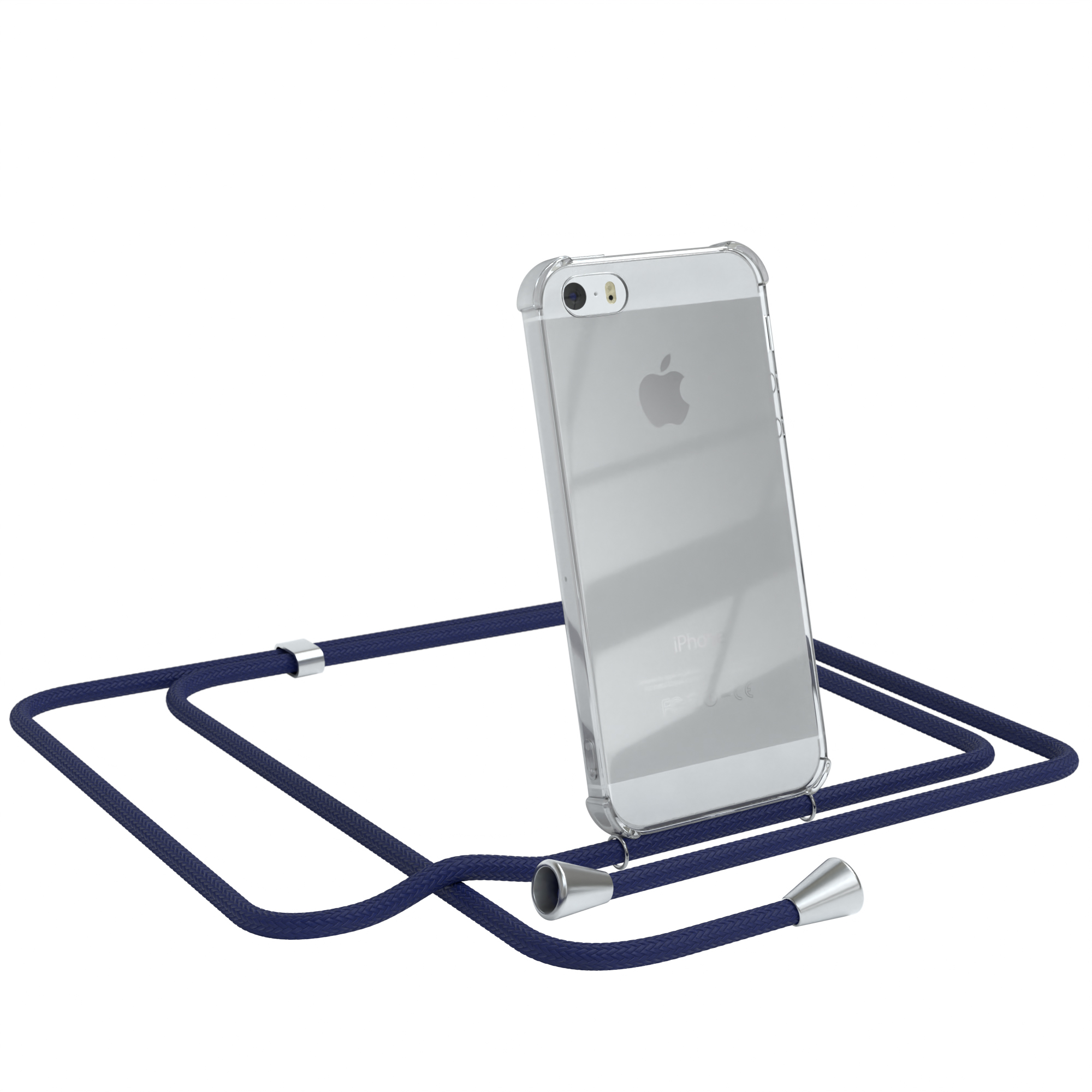Transparente Handyhülle mit blauem Umhängeband, Apple-Logo. Weißer Hintergrund.