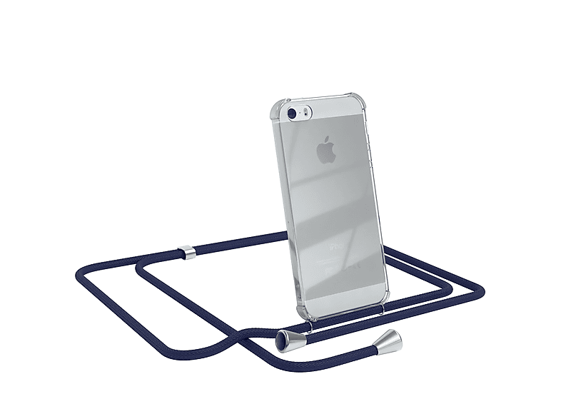 EAZY CASE Clear Cover mit Umhängeband, Umhängetasche, Apple, iPhone SE 2016, iPhone 5 / 5S, Blau / Clips Silber