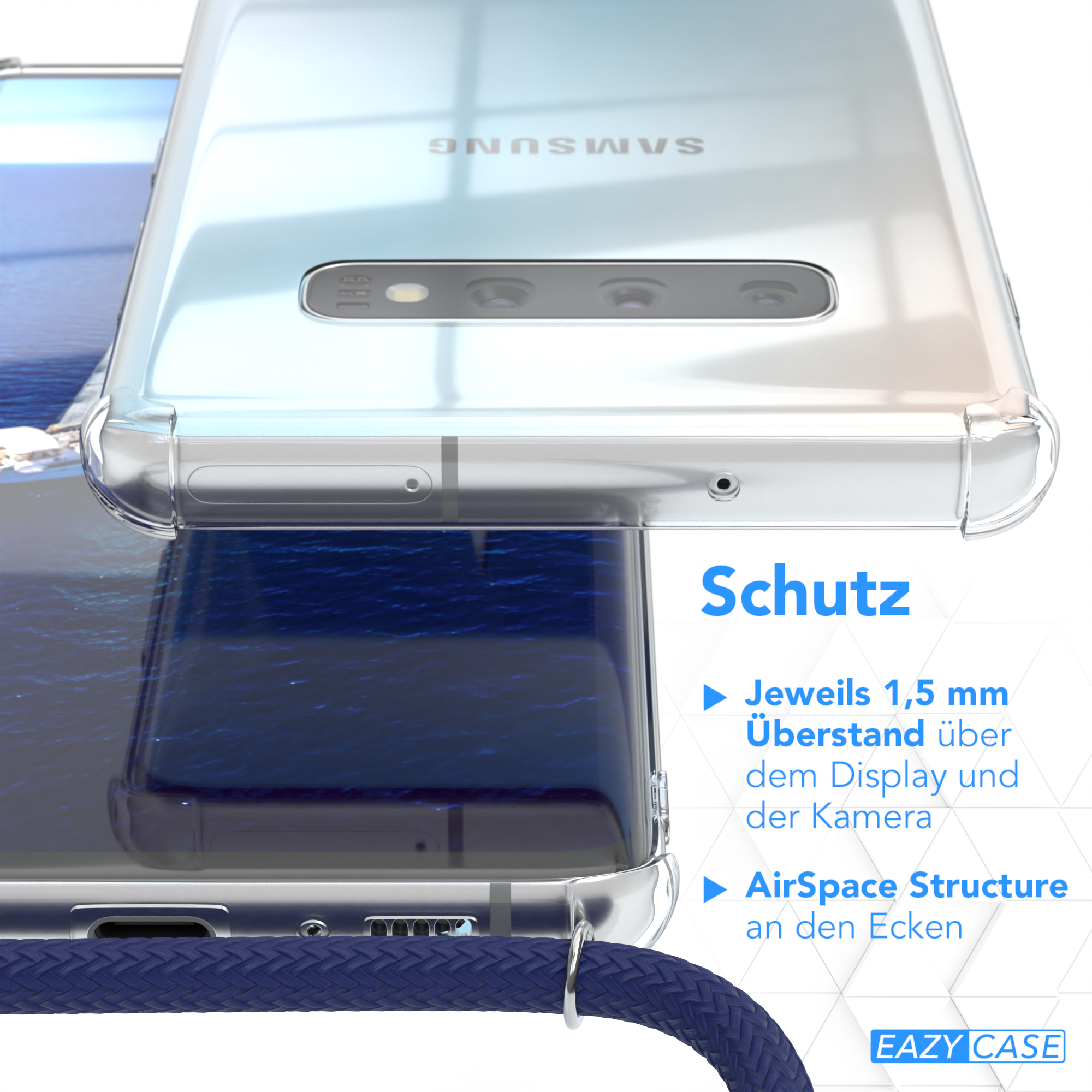 Silber Clips mit Blau Umhängeband, Galaxy Samsung, EAZY S10 Clear Plus, / Cover Umhängetasche, CASE