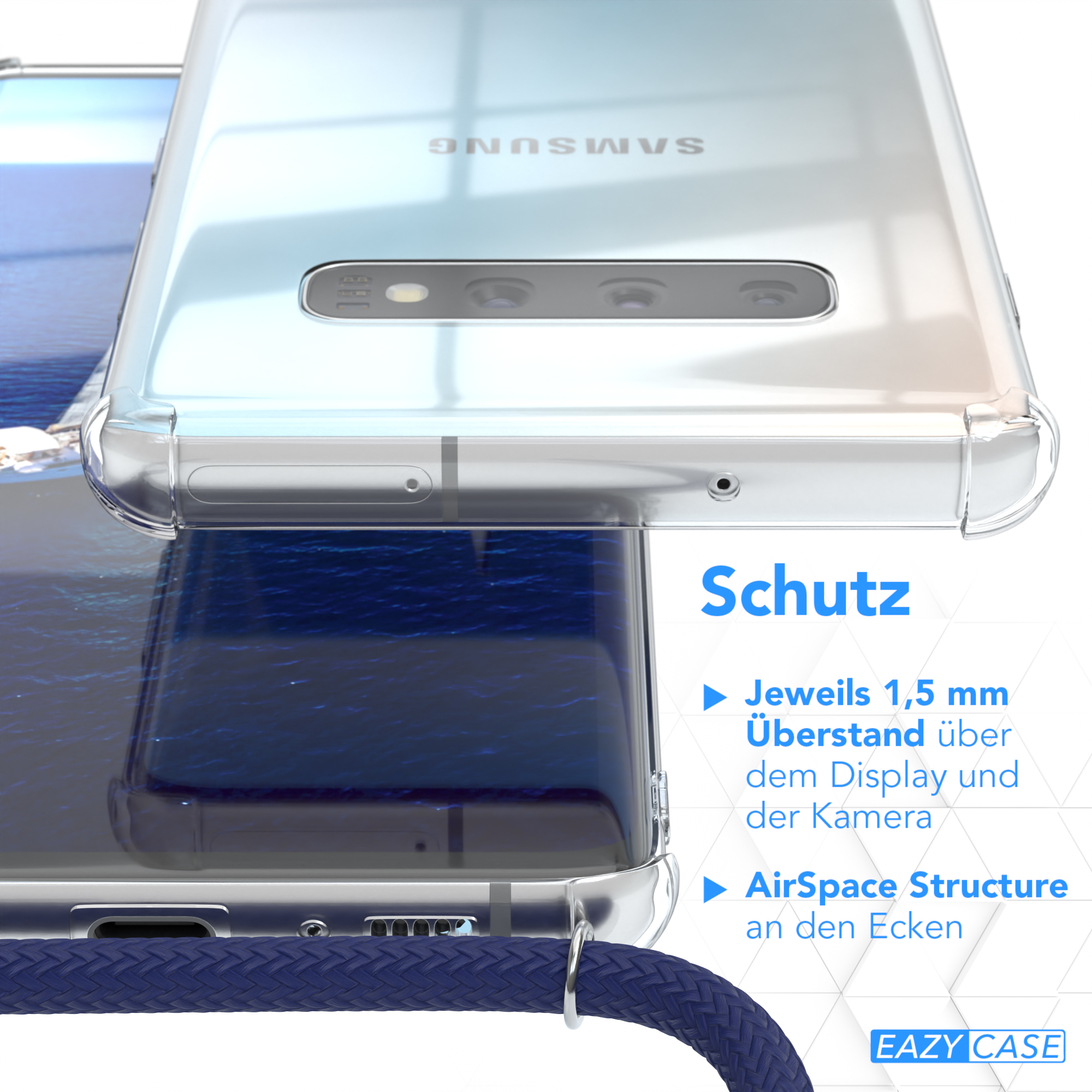 Nahaufnahme zweier klarer Handyhüllen, die sich überlappen. Text: Schutz, 1,5 mm Displayabdeckung, AirSpace Structure.