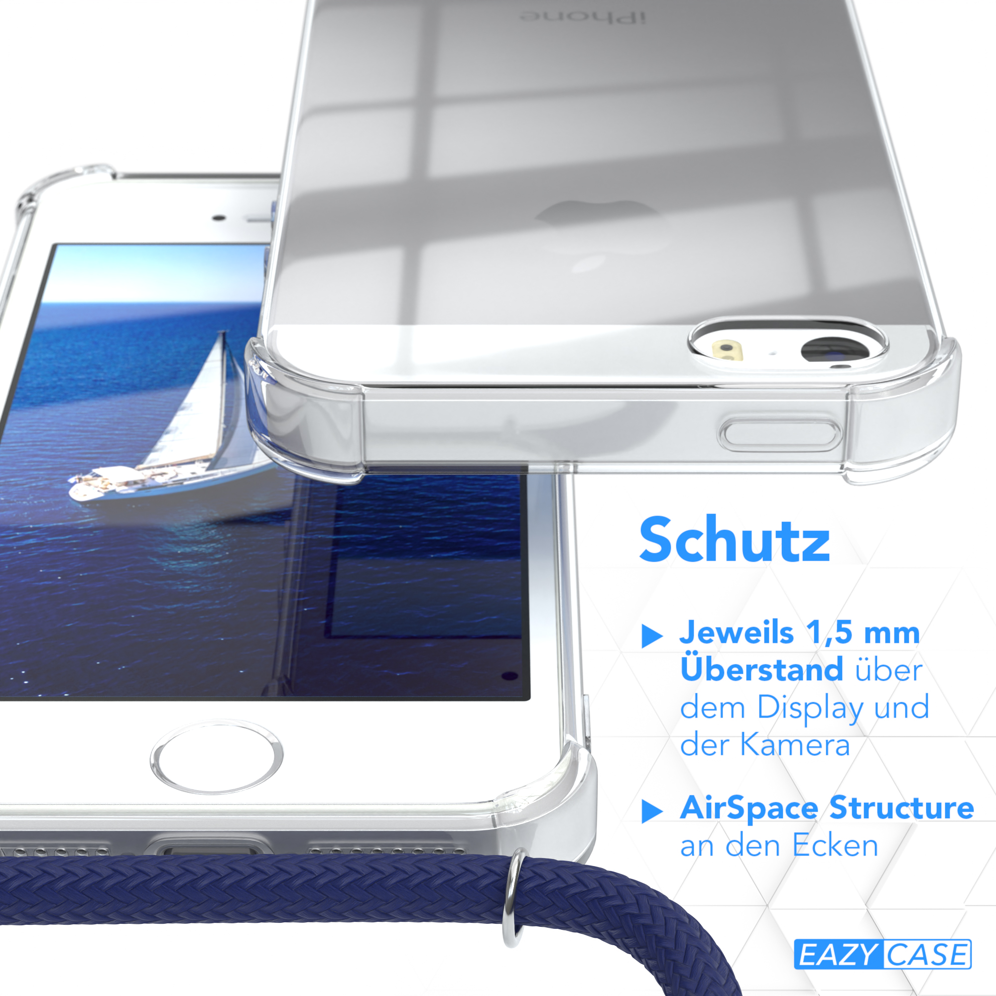 EAZY CASE Clear Apple, Clips iPhone 2016, 5 Umhängeband, Cover Umhängetasche, iPhone SE Silber mit / / Blau 5S