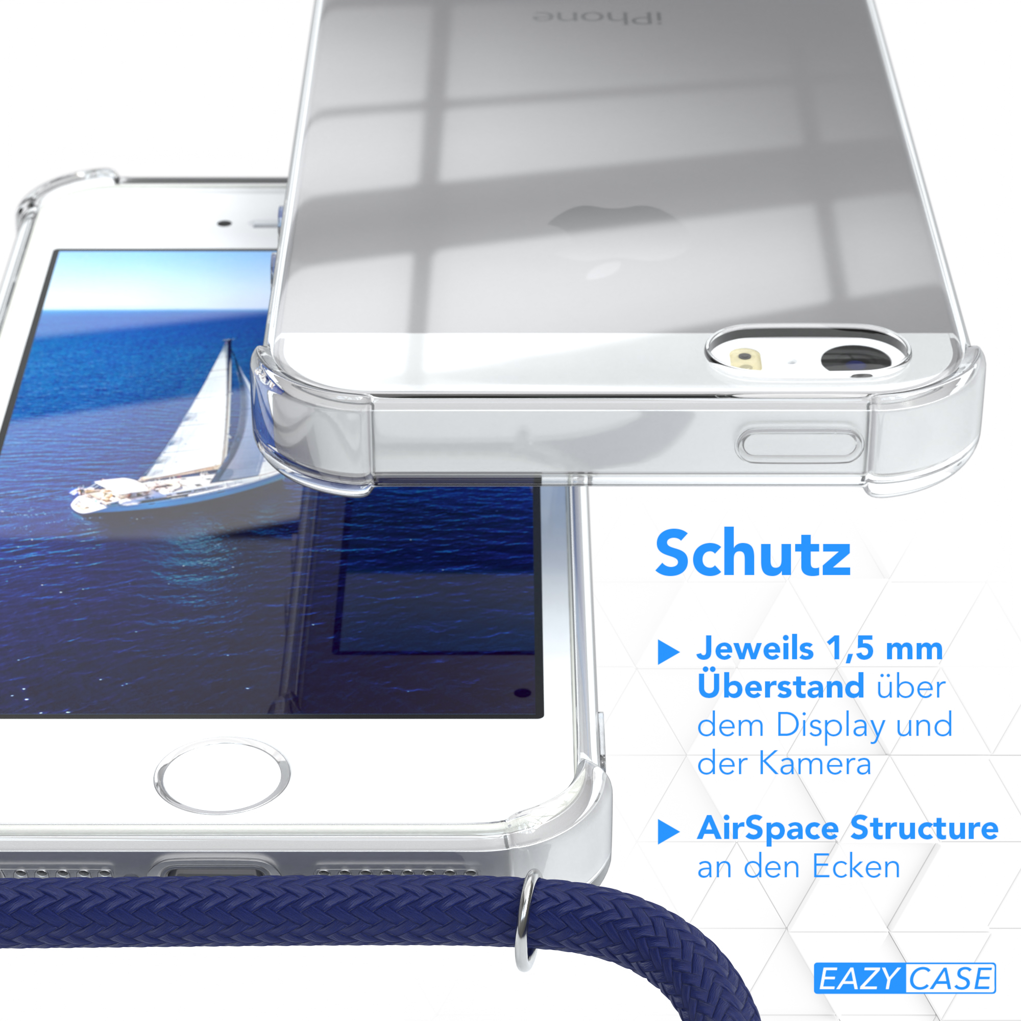 Zwei iPhones in transparenten Hüllen, eines hinter dem anderen, mit einem blauen Telefonkabel.