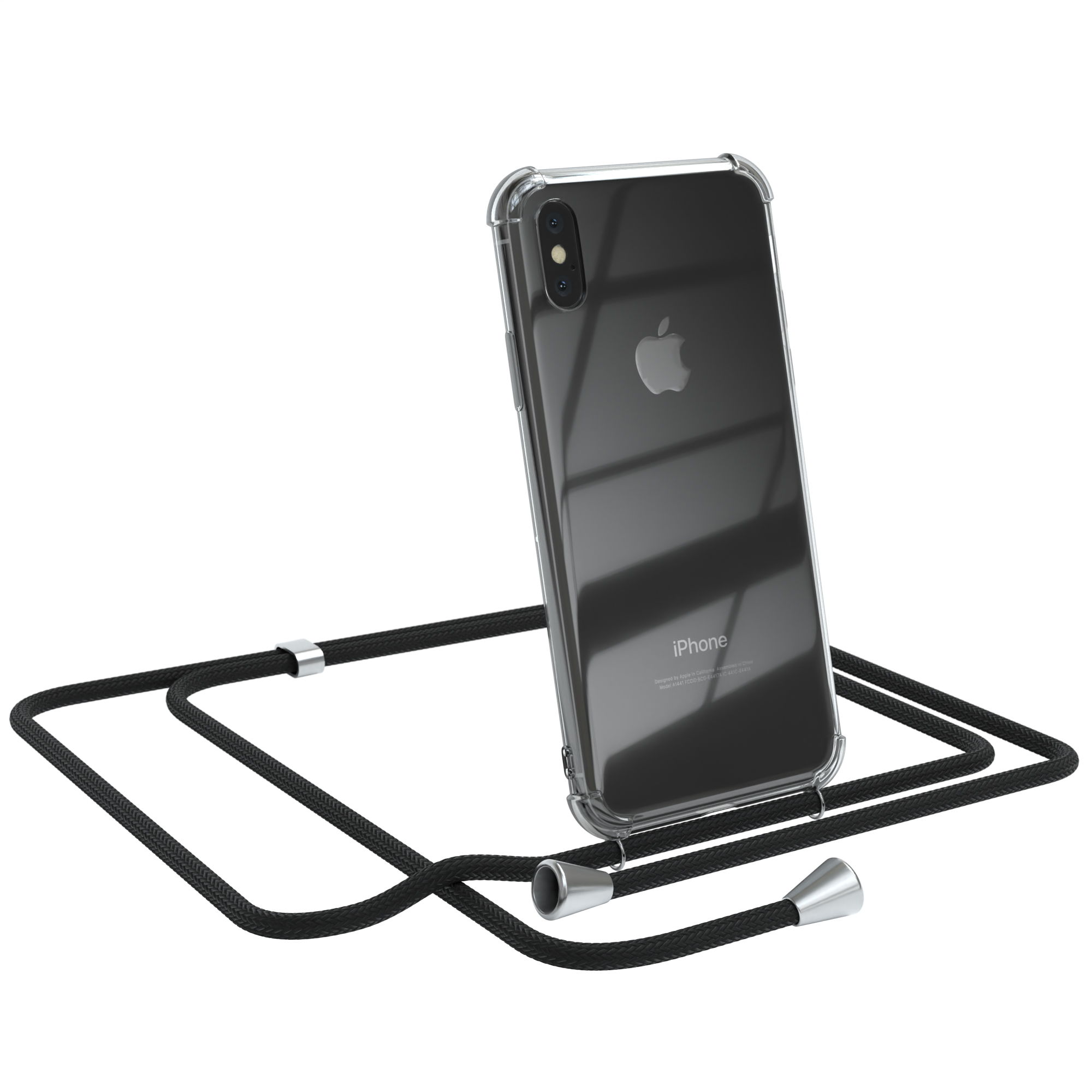 Transparente Handyhülle mit schwarzem Lanyard. iPhone sichtbar. Weißer Hintergrund.