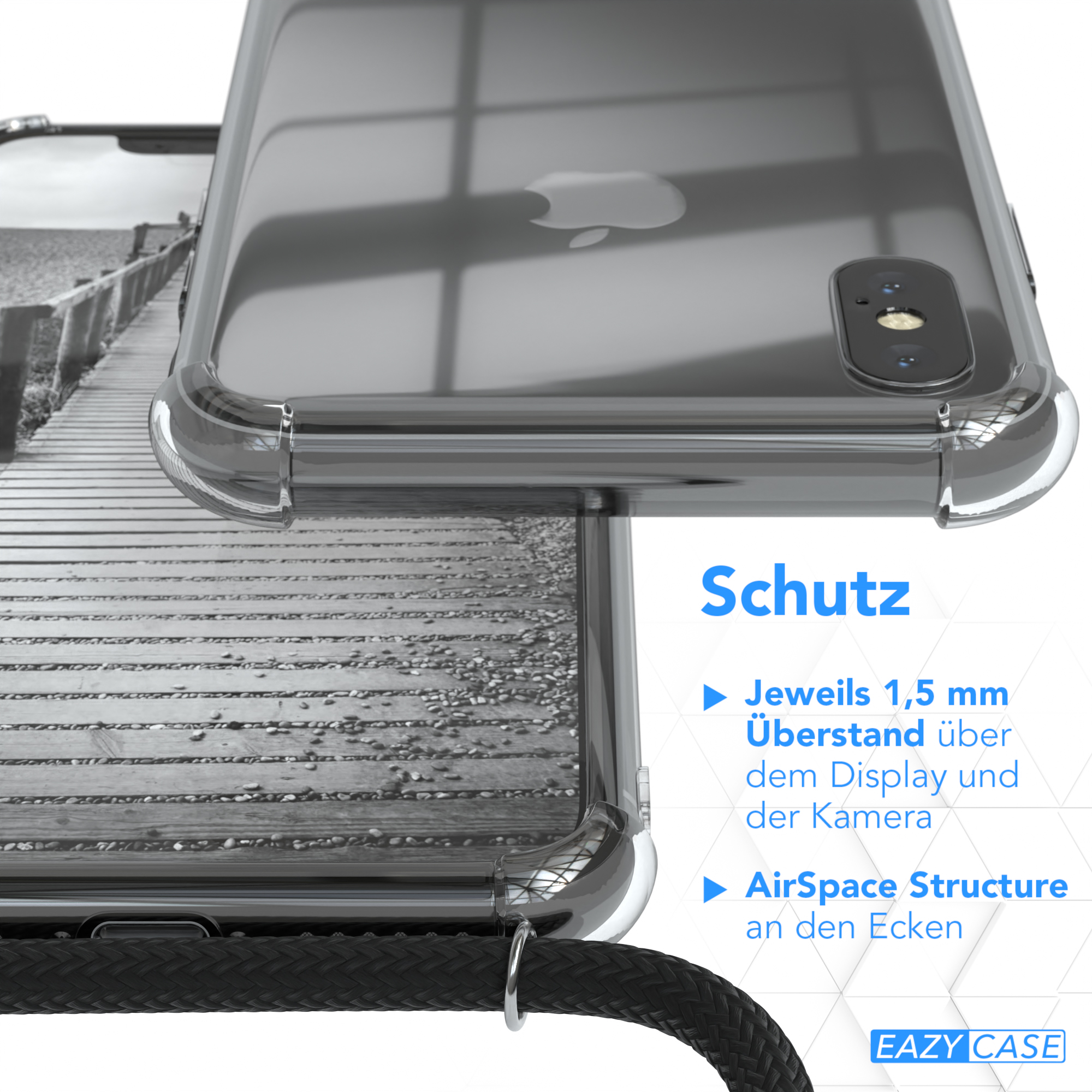Nahaufnahme einer Handyhülle mit Holzgrund. Text: Schutz. Text: EAZY CASE.