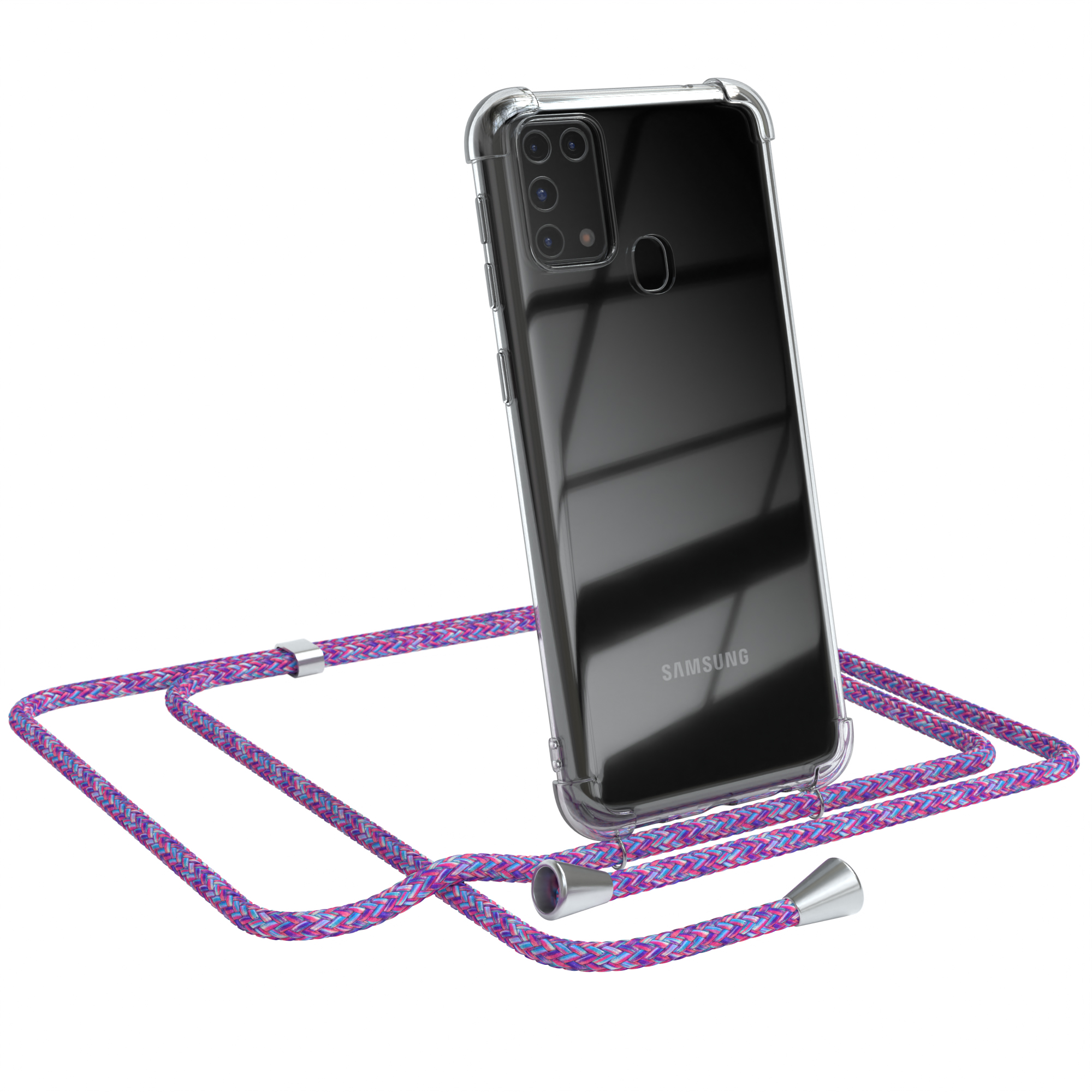 Eine Handyhülle mit einem lila und rosa Riemen, befestigt an einem Telefon. Das Telefon hat eine klare Hülle.