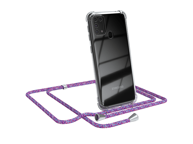 EAZY CASE Clear Cover mit Umhängeband, Umhängetasche, Samsung, Galaxy M31, Lila / Clips Silber