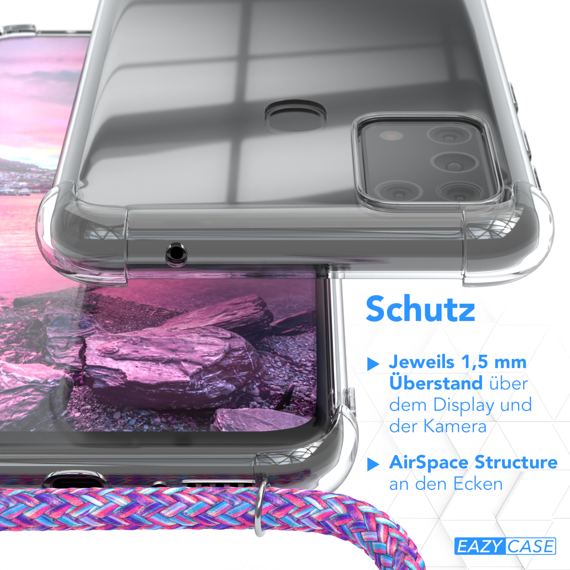 Nahaufnahme einer Handyhülle mit Riemenbefestigung, Text über Schutzmerkmale.