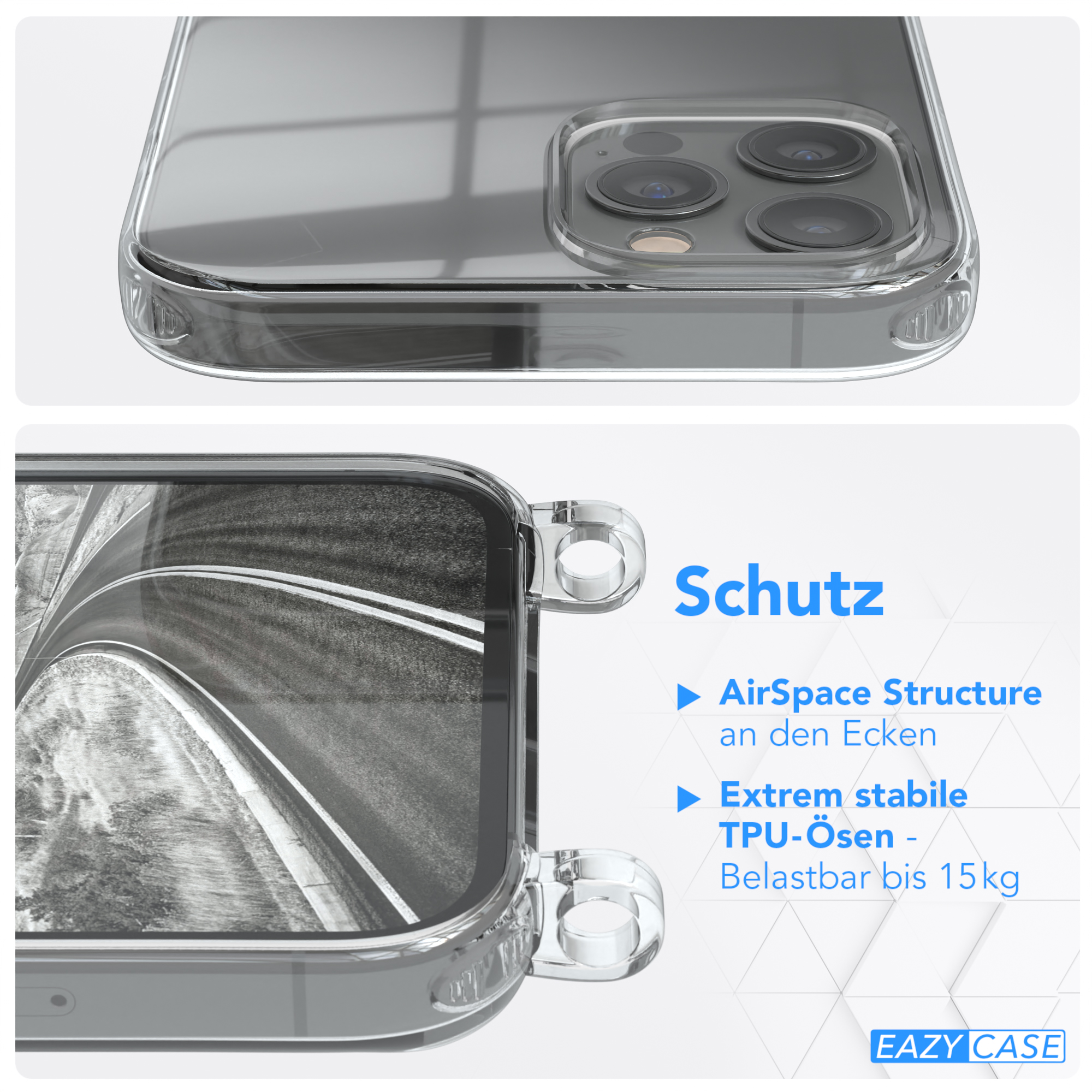 Klare Handyhülle, Nahaufnahme. Text: Schutz, AirSpace Structure, Extrem stabile TPU-Ösen.