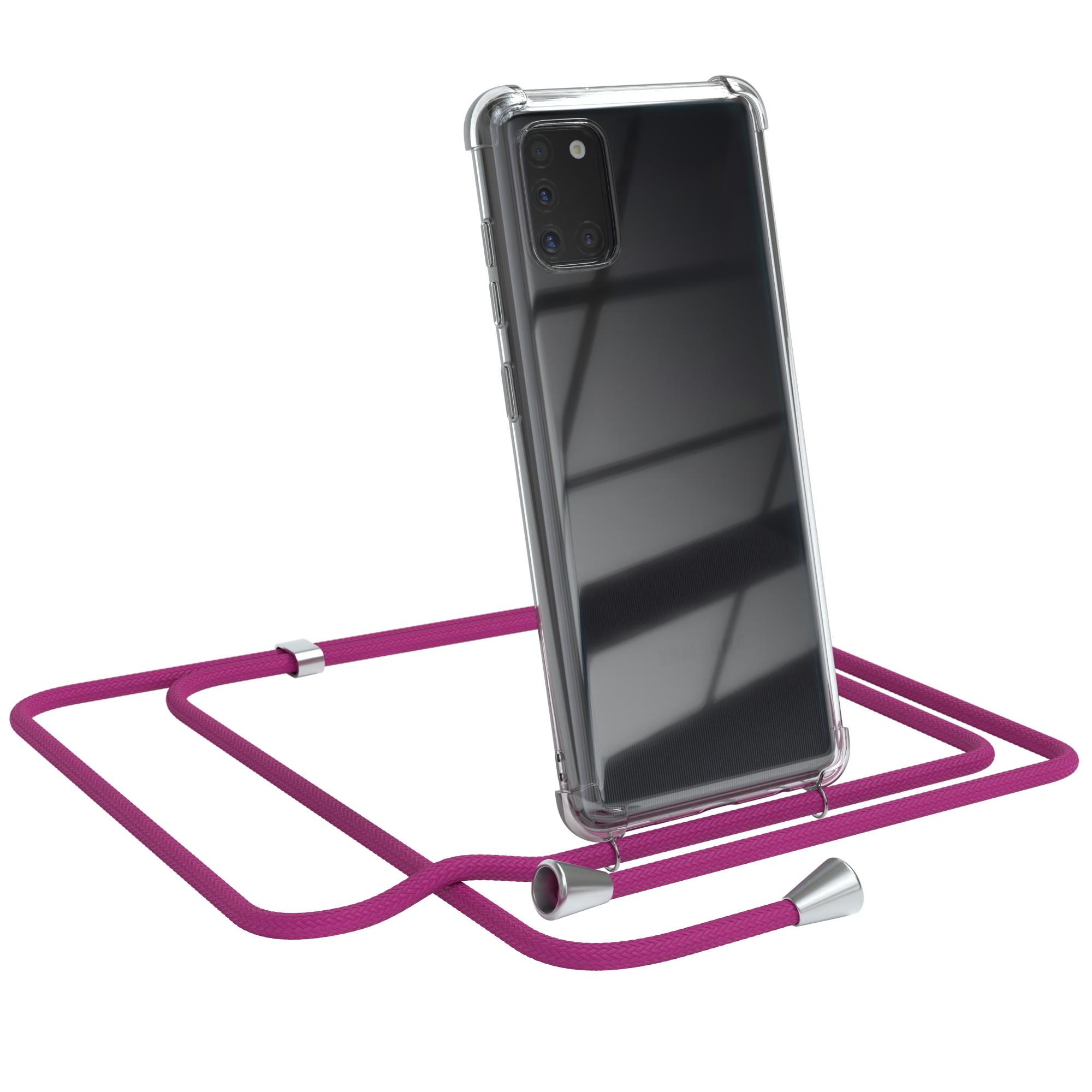 Ein Samsung-Telefon in einer transparenten Hülle mit pinkfarbenem Riemen. Weißer Hintergrund.