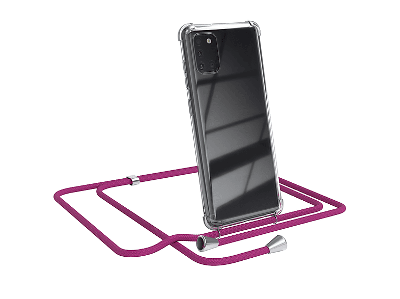 EAZY CASE Clear Cover mit Umhängeband, Umhängetasche, Samsung, Galaxy A31, Pink / Clips Silber