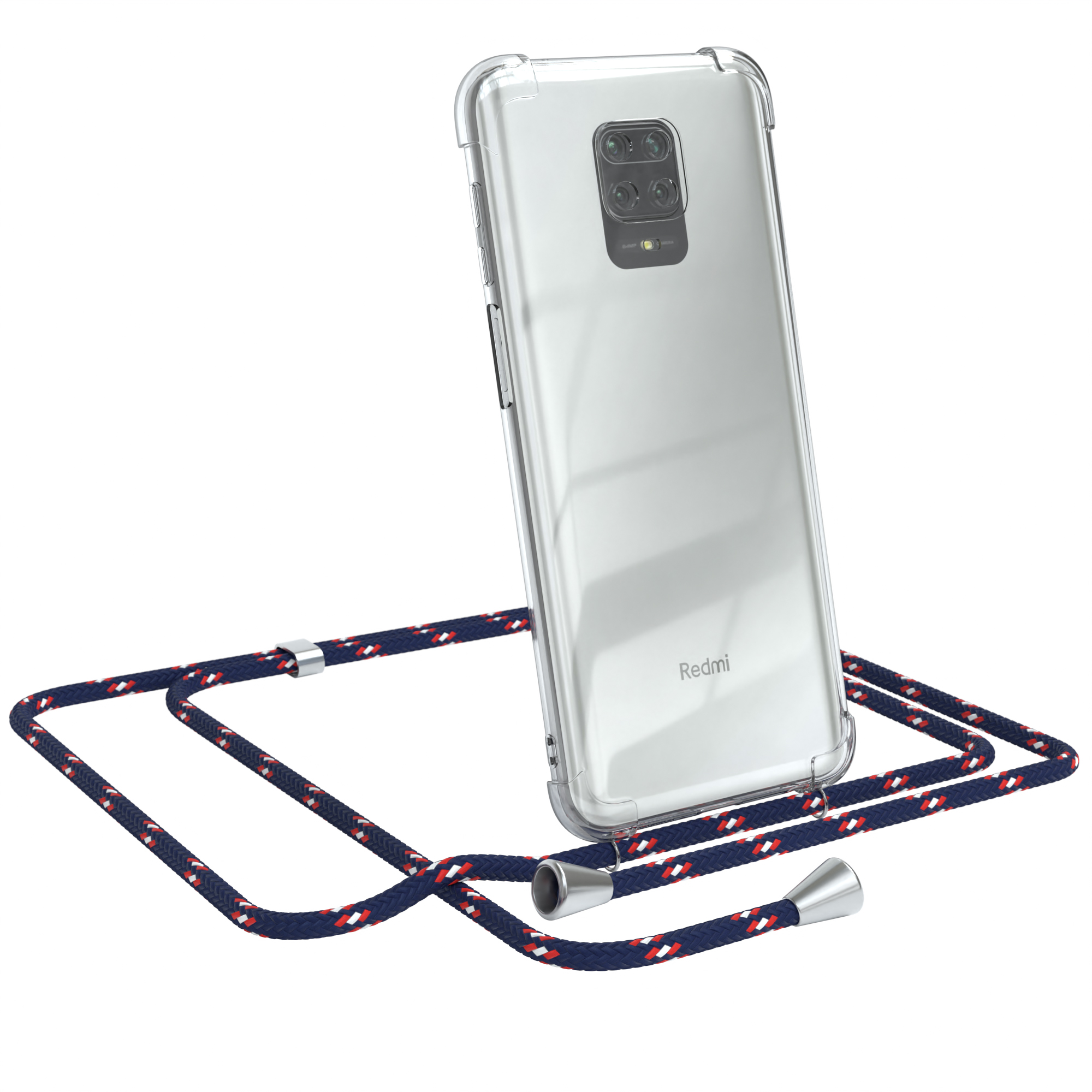 Eine transparente Handyhülle mit marinefarbenem, rotem und weißem Lanyard. Das Telefon ist ein Redmi-Modell.