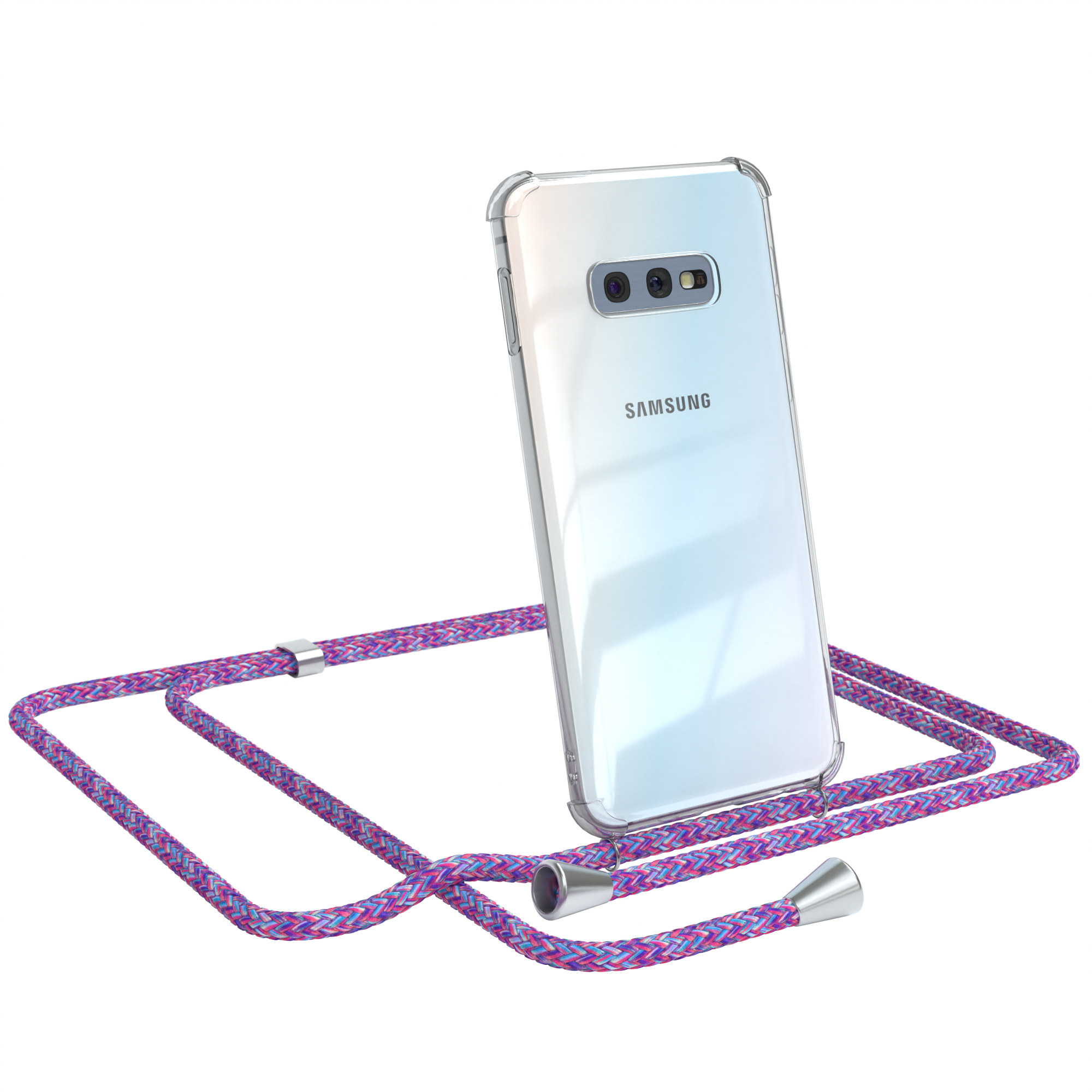 Transparente Handyhülle mit lila Lanyard. Das Telefon ist ein Samsung.