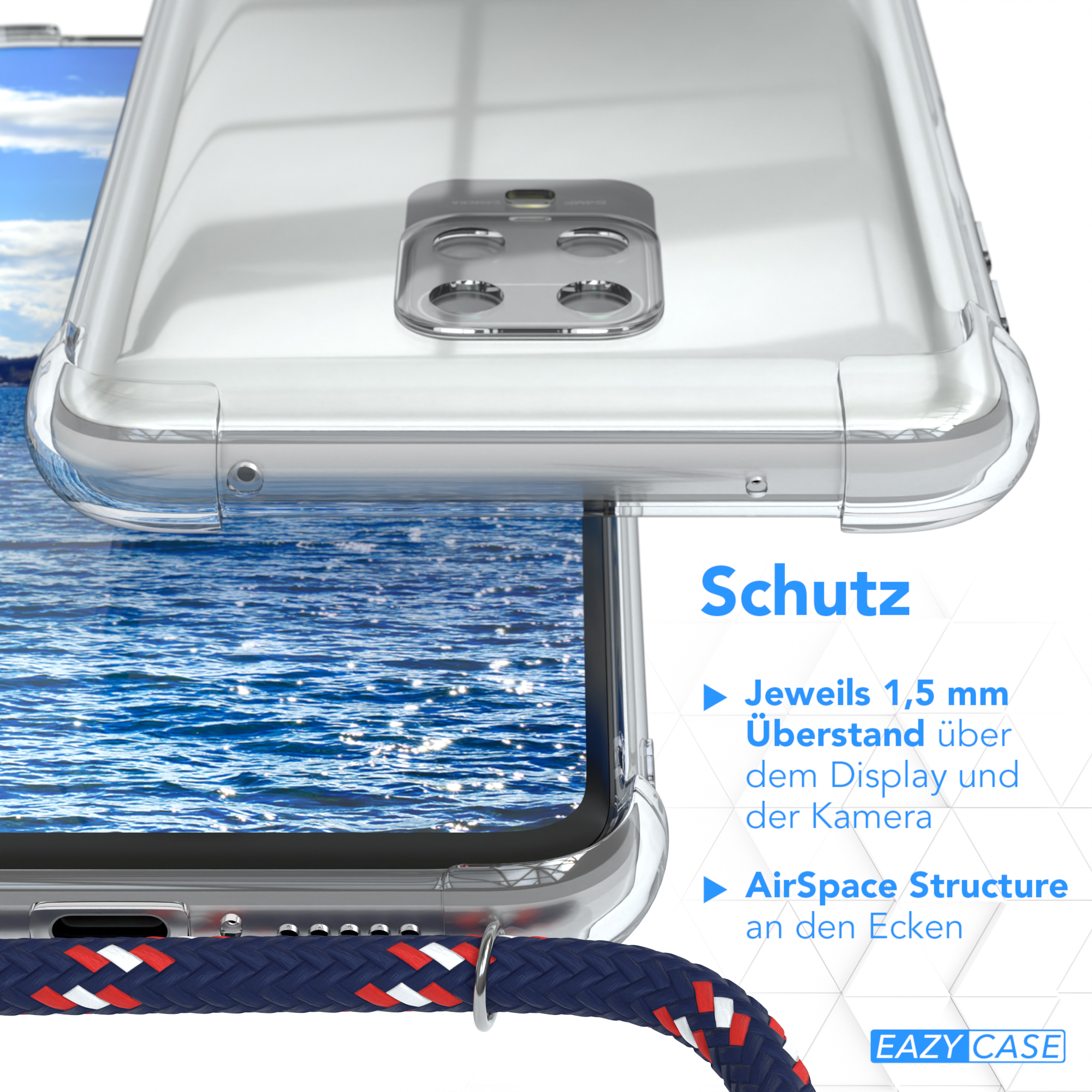 Transparente Handyhülle, Nahaufnahme der Rückseite des Telefons, mit Meer im Hintergrund.