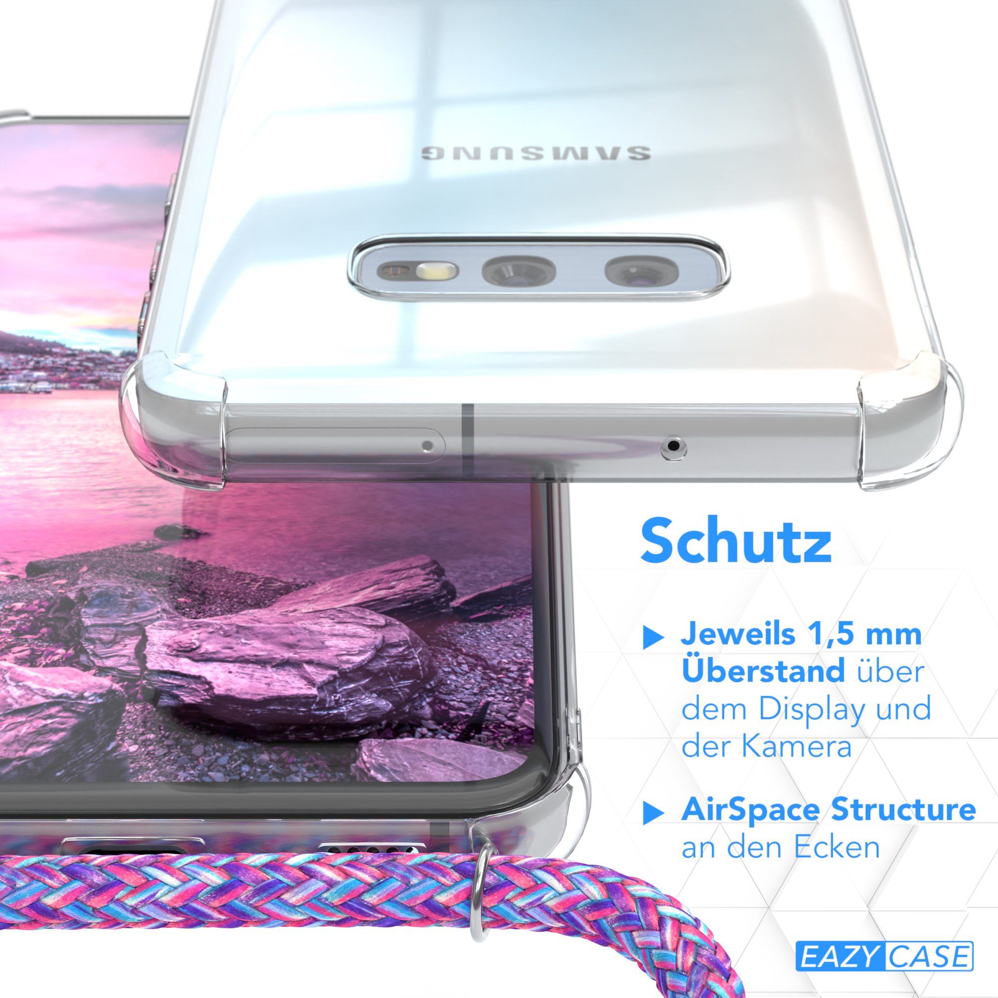 Transparente Handyhülle auf einem Telefon mit mehrfarbiger Kordel. Text auf Deutsch.