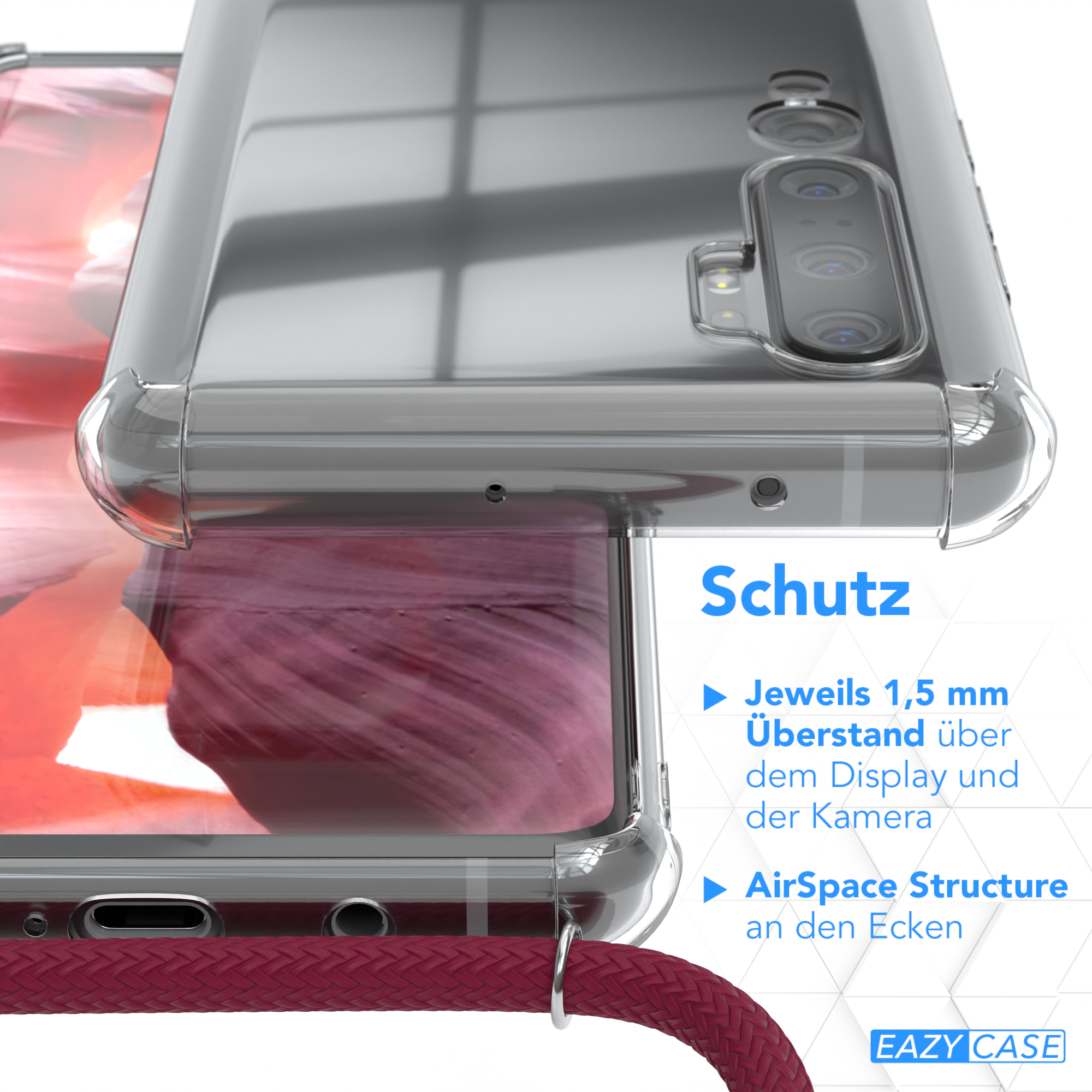 Nahaufnahme einer Handyhülle mit Schutzfunktionen. Rotes Kabel und blumiger Hintergrund.