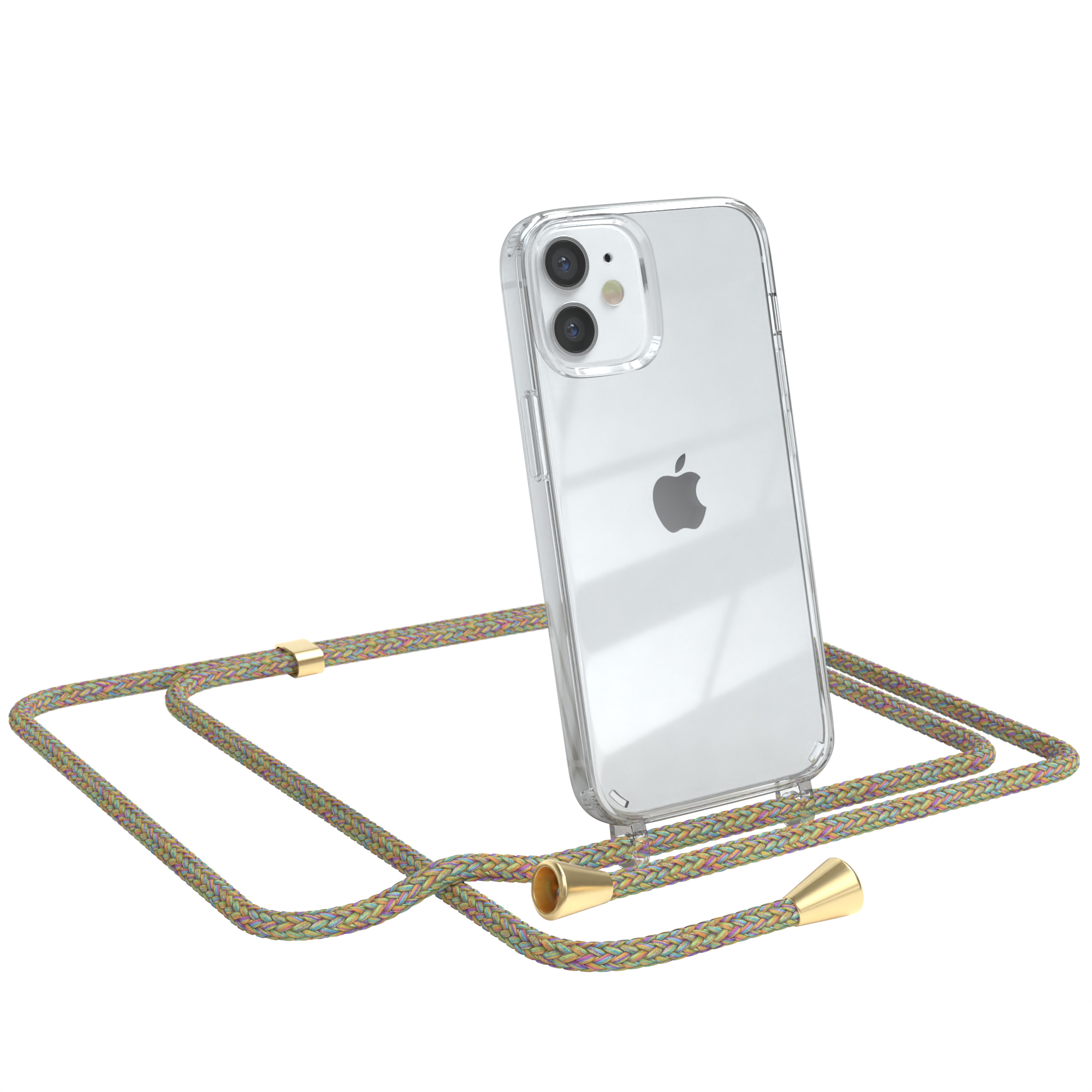 Transparente Handyhülle mit buntem Umhängeband. Apple-Logo sichtbar. Weißer Hg.