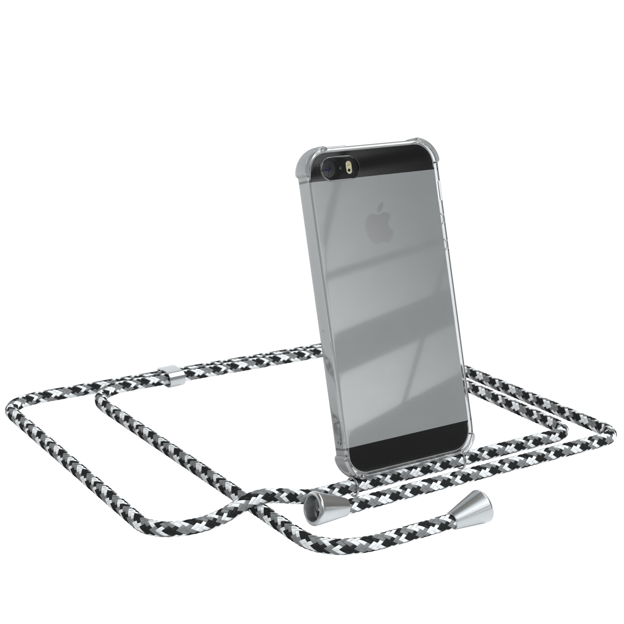 Telefon in klarer Hülle mit schwarz-weißem Umhängeband. Apple Logo sichtbar.