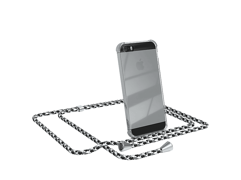 EAZY CASE Clear Cover mit Umhängeband, Umhängetasche, Apple, iPhone SE 2016, iPhone 5 / 5S, Schwarz Camouflage / Clips Silber