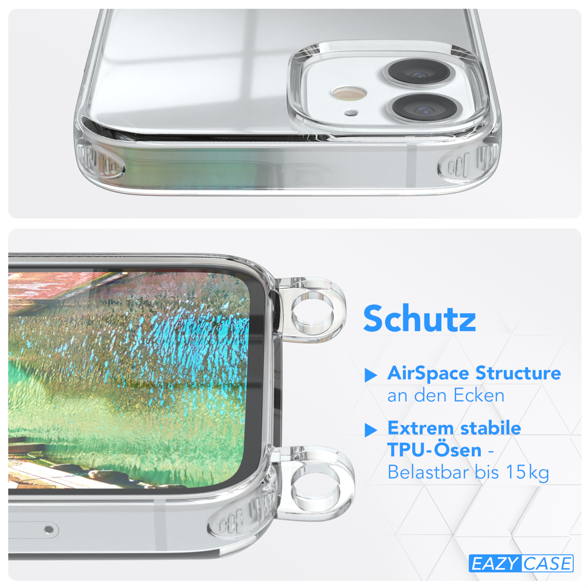 EAZY CASE Apple, Cover mit Umhängeband, Mini, / Bunt Umhängetasche, Gold 12 Clips Clear iPhone