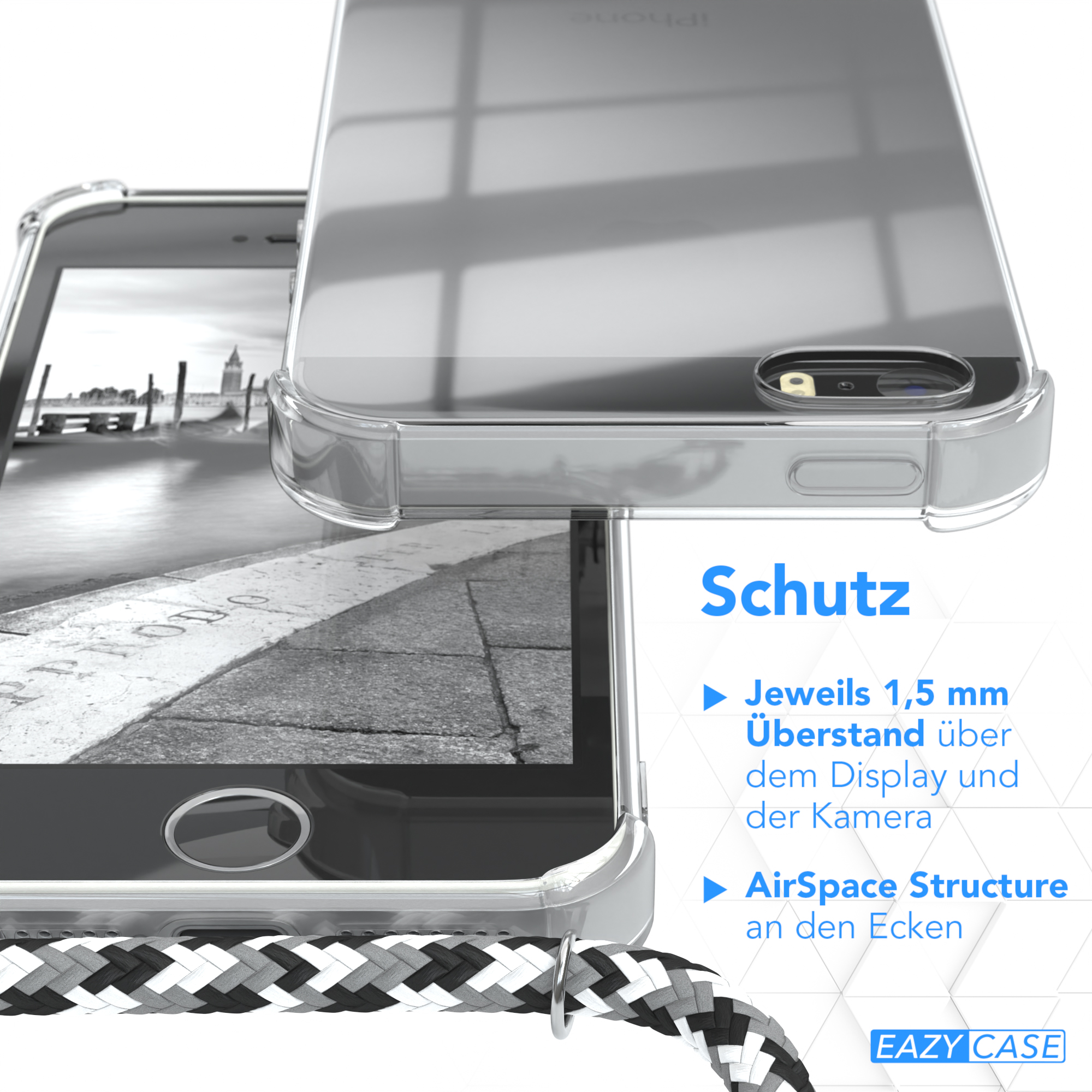 Transparente Handyhülle auf einem Telefon. Text: Schutz. Details, AirSpace-Struktur.