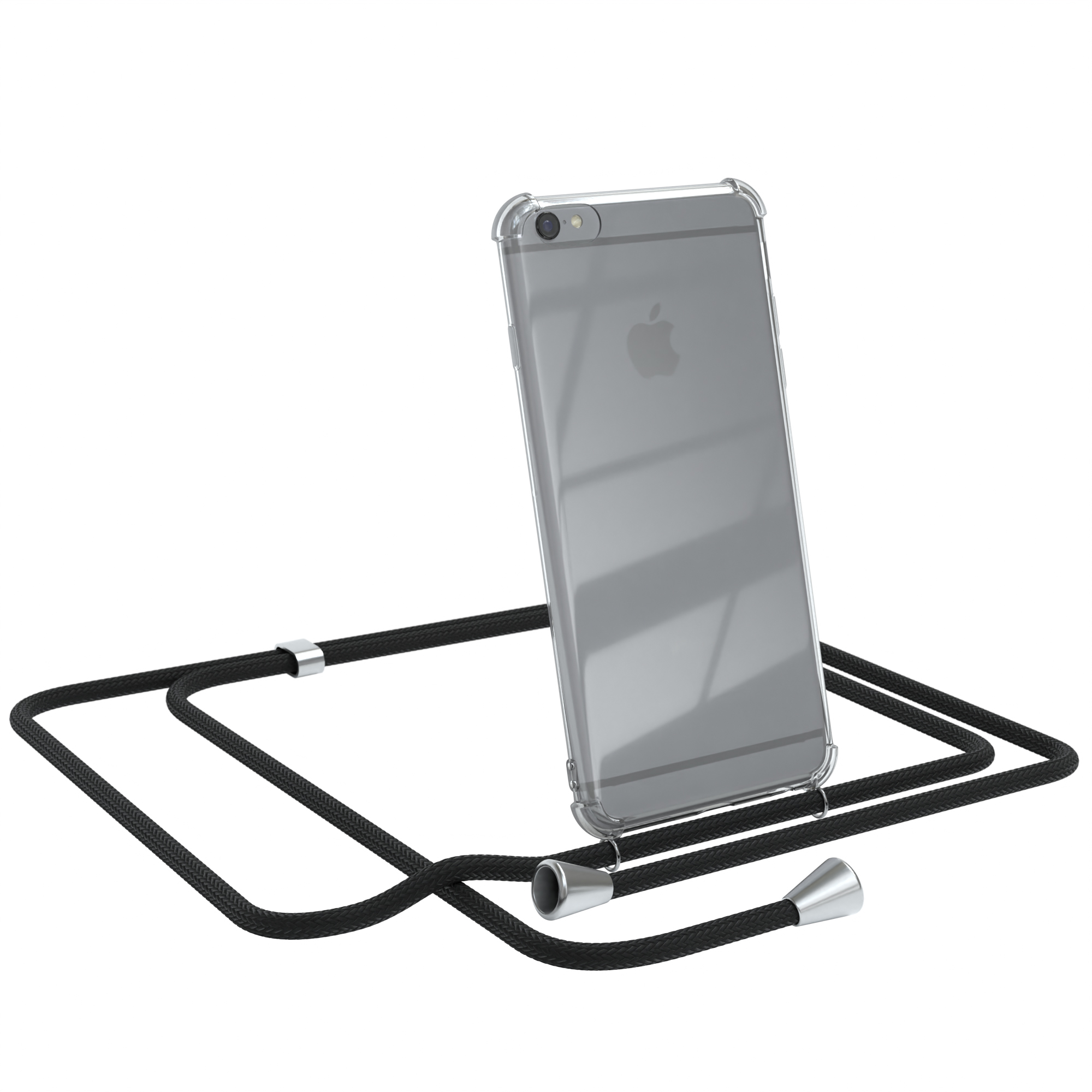 Transparente Handyhülle mit schwarzem Umhängeband. Apple-Logo sichtbar. Weißer Hintergrund.